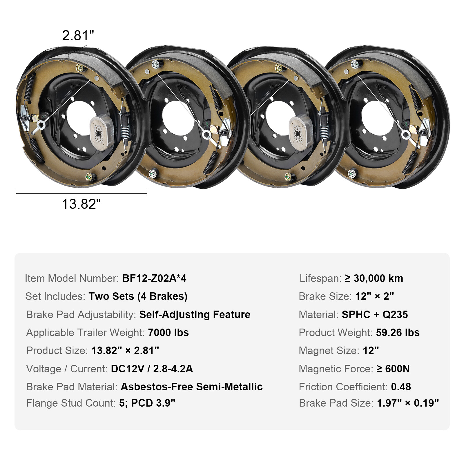 VEVOR Electric Trailer Brake 12" x 2" Self-Adjusting Assembly 2 Pairs 7000 lbs