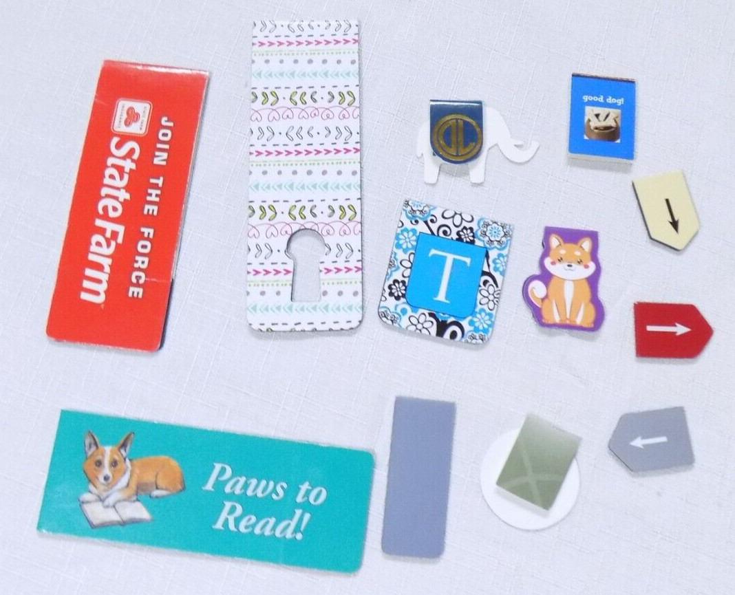 Lot Of 12 Magnetic Bookmarks Disney Cars, Corgi, Soccer, Cat, Dog, Elephant, Etc