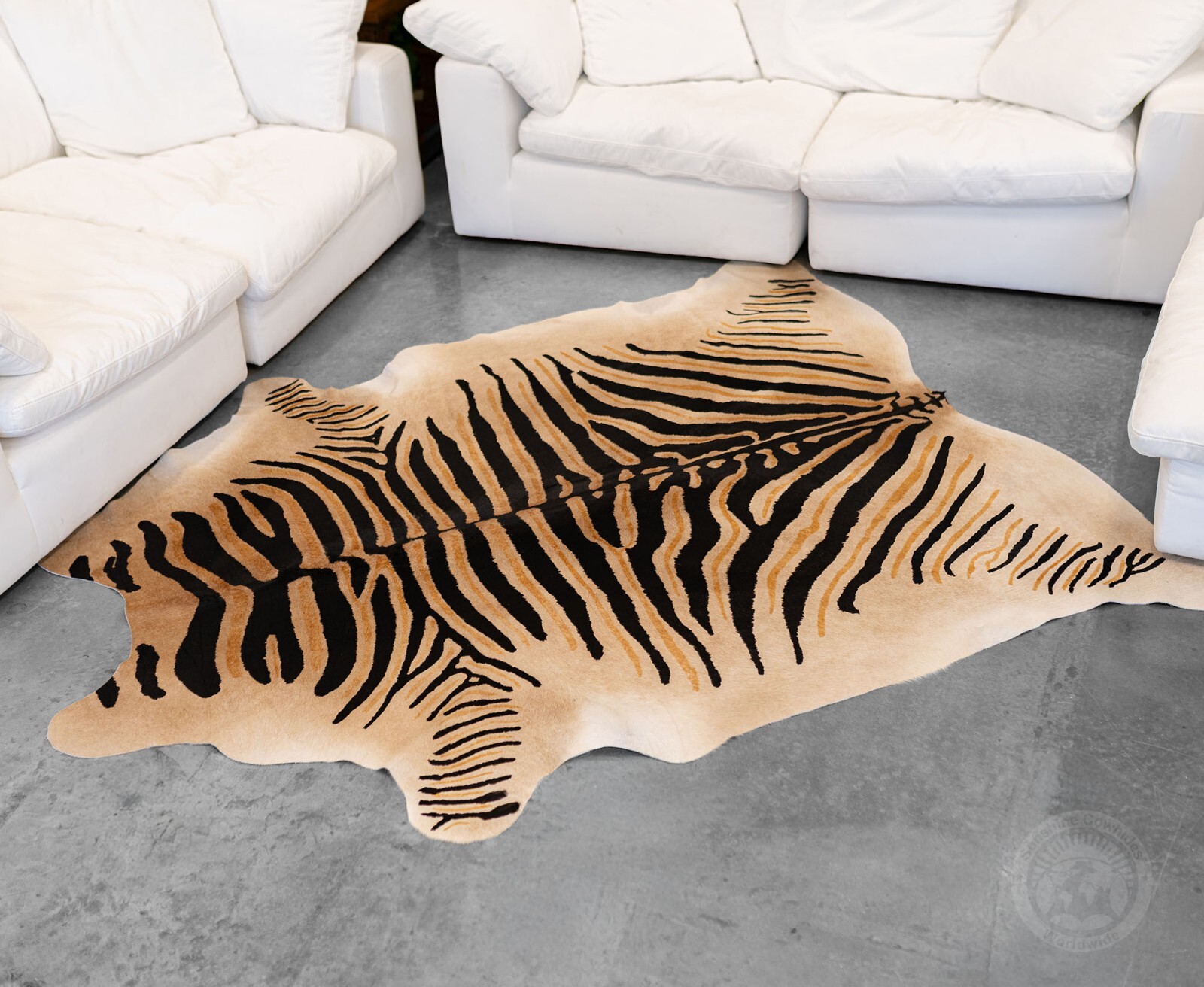 Real Cowhide Rug Wild Zebra Printed Brown Stripes on Beige - Size 6x7'