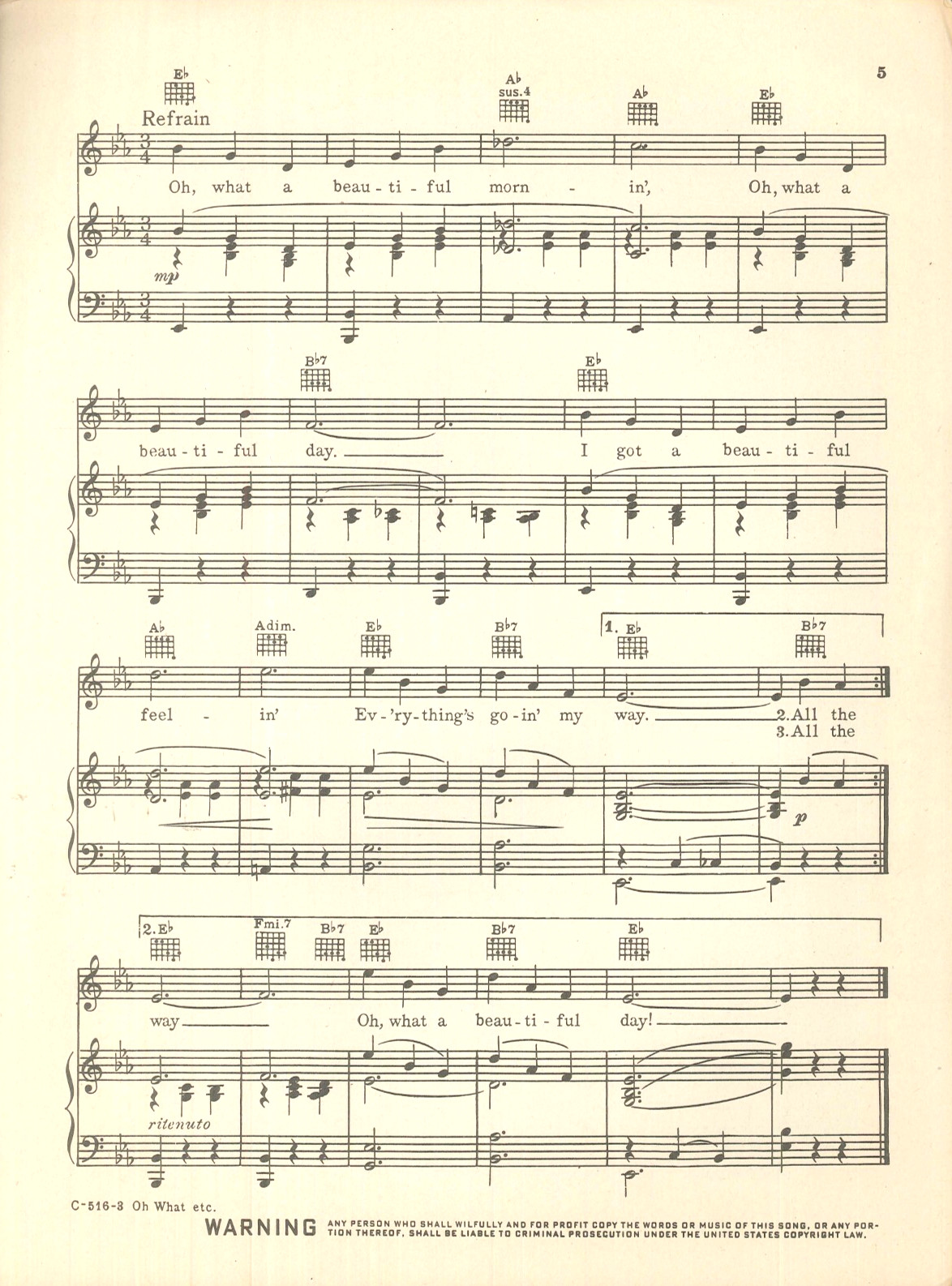 Oh What A Beautiful Mornin' Sheet Music Piano Voice Guitar Ukulele 1953 Oklahoma