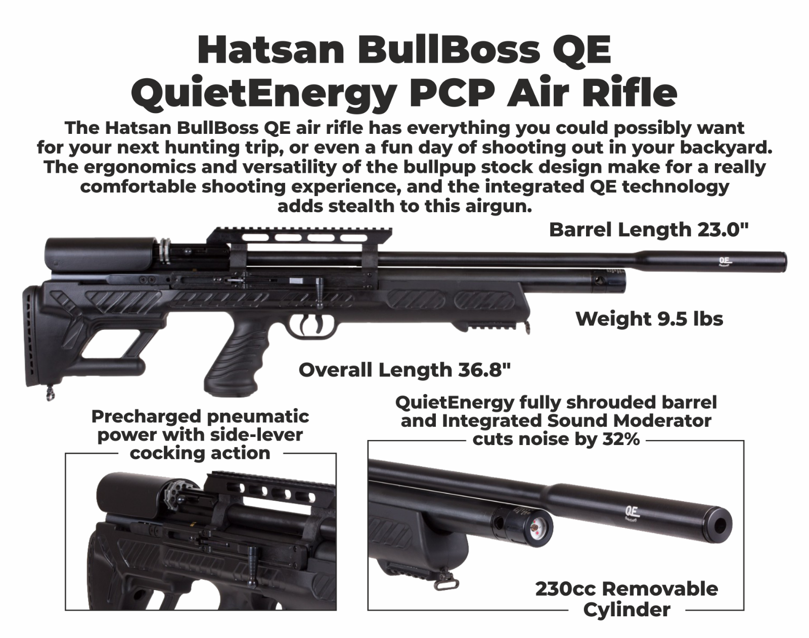 Hatsan BullBoss QE .22 Cal PCP Air Rifle w/ Scope & Targets and Pellets Bundle