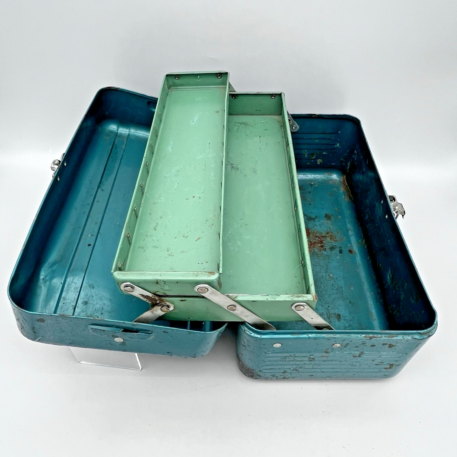 VTG Simonsen Green Teal Metal Tool Tackle Box 14" x 8" 2 Trays Industrial Patina