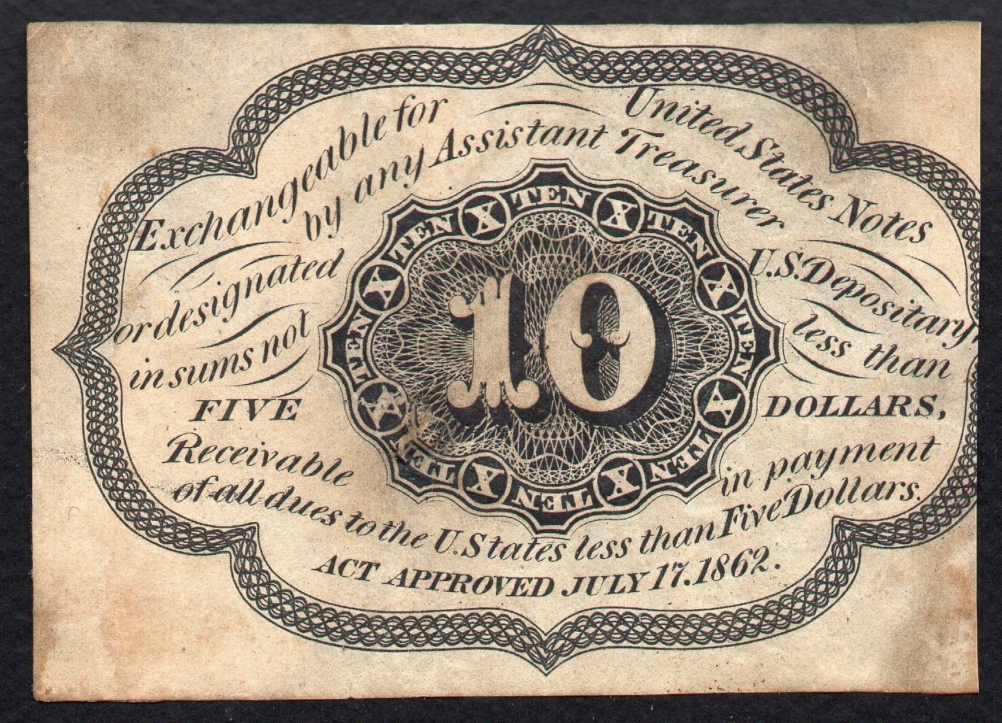 FR 1243spnmb 10c FIRST ISSUE SPECIMEN - NARROW MARGINS BACK TRANSFER FROM SHIELD