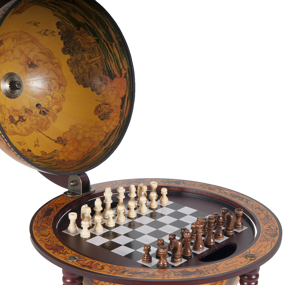 Unique Chess Board w/ Pieces Hidden in Wood Table Top Nautical Old World Globe