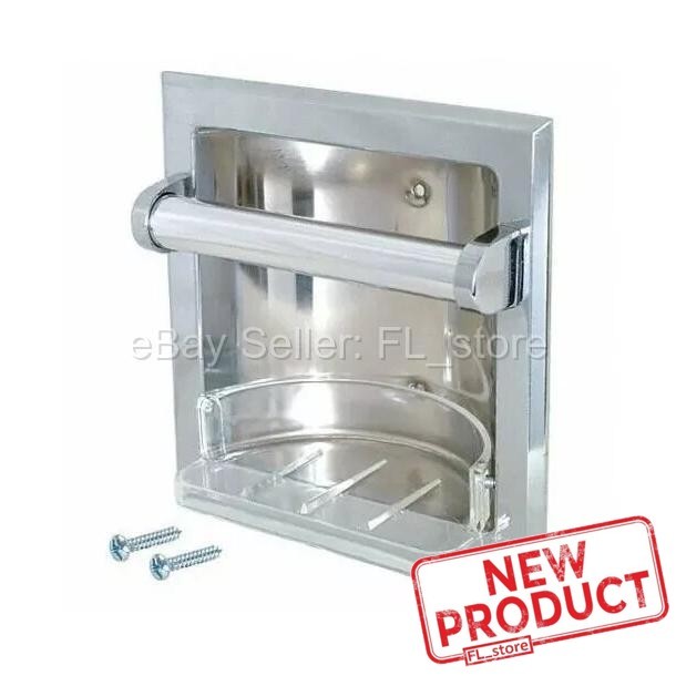 Stainless Steel Recessed Soap Dish w/ Grab Bar Bathroom Bath Shower Silver