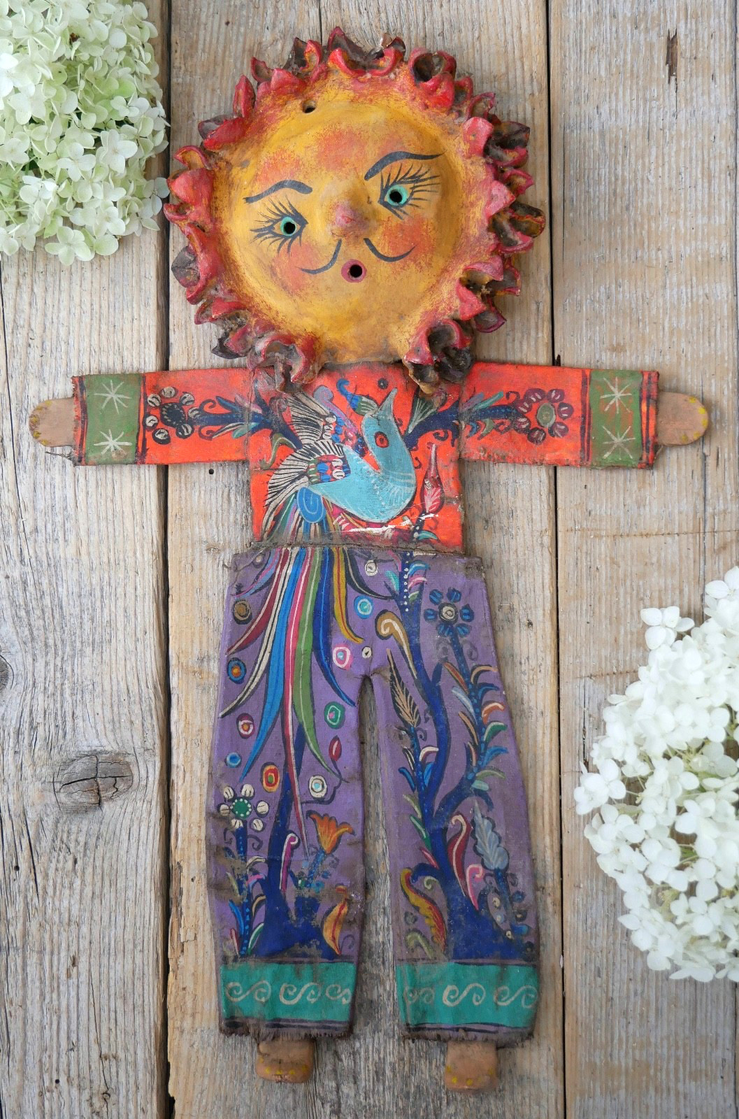 Sun Face Man Bird of Paradise Handmade Canvas & Coconut Guerrero Mexico Folk Art