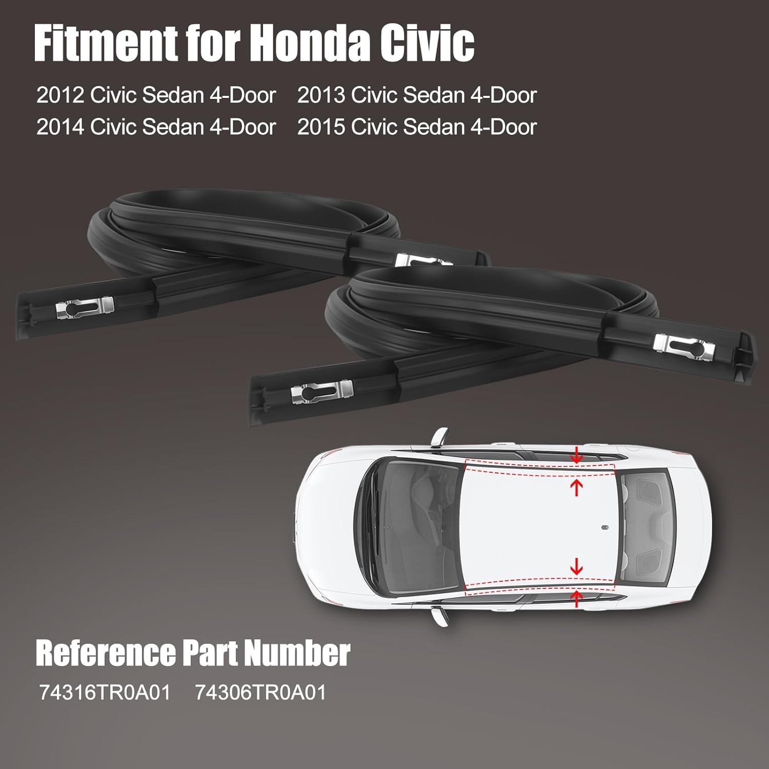 2X For Honda Civic 2012-2015 Black Roof Top Molding Trim Drip Sealing Strip Kit