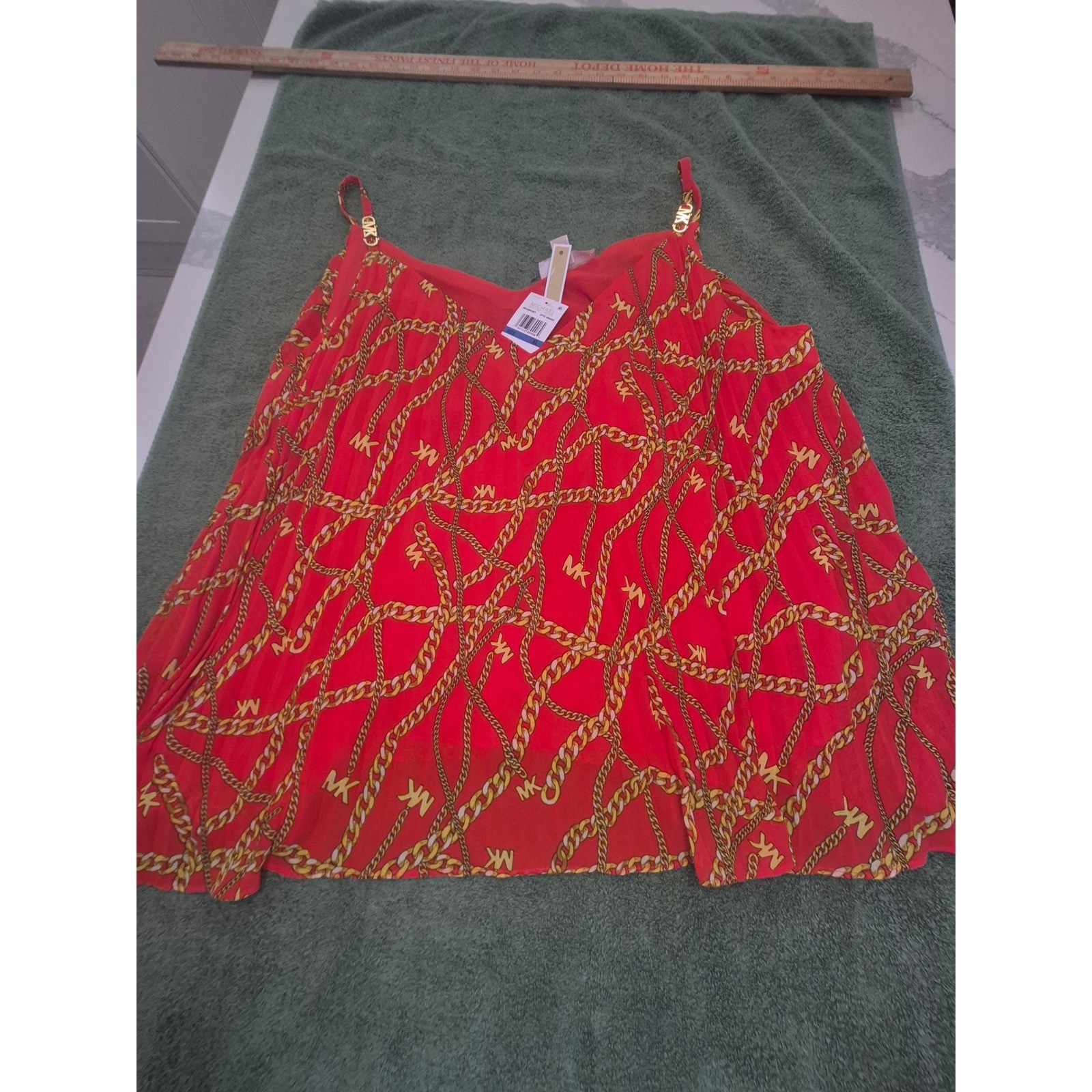 Michael Kors Optic Orange Chain Link Logo Pleated Cami Top MS340HC8EY XL NEW