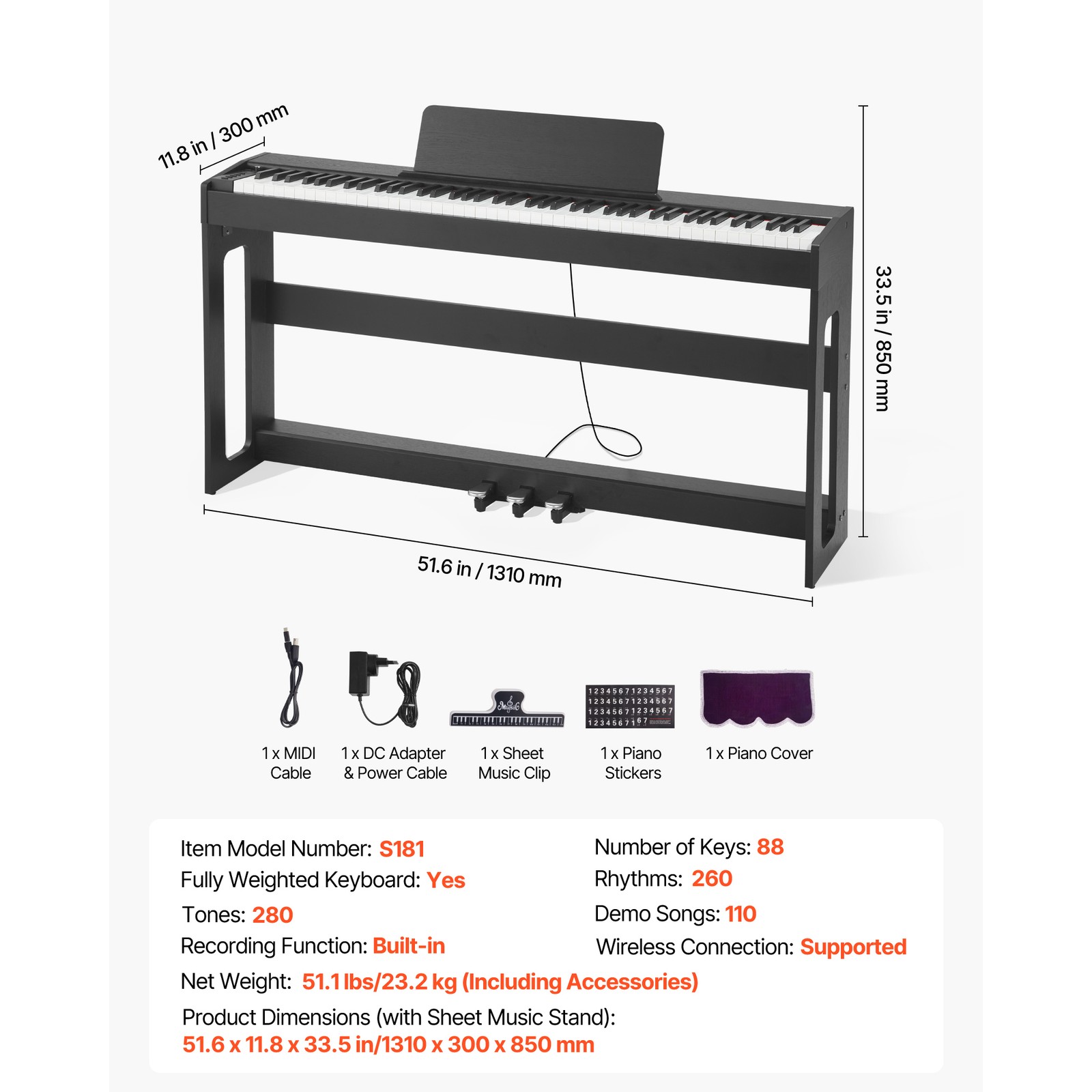 Uimoso 88-Key Weighted Digital Piano with Stand and 280 Tones - Black