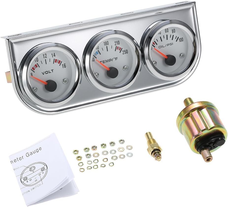 2" 52mm Universal Chrome Volt Water Temp Oil Pressure Sensor Triple Gauge Kit