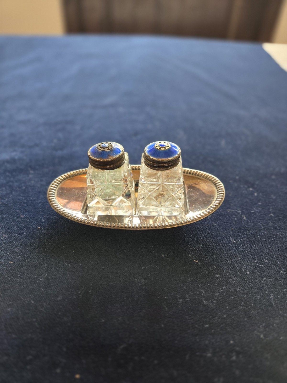 Antique Norway Guilloche Enamel Sterling Silver Salt & Pepper Set On Tray