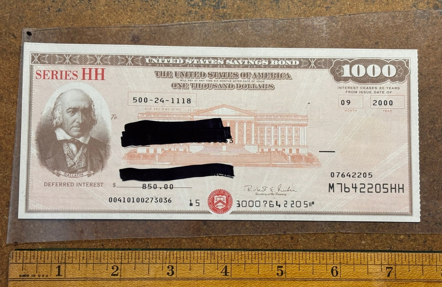 09 2000 Series HH $1000 SAVINGS BOND Albert GALLATIN Unmarked + Watermark paper