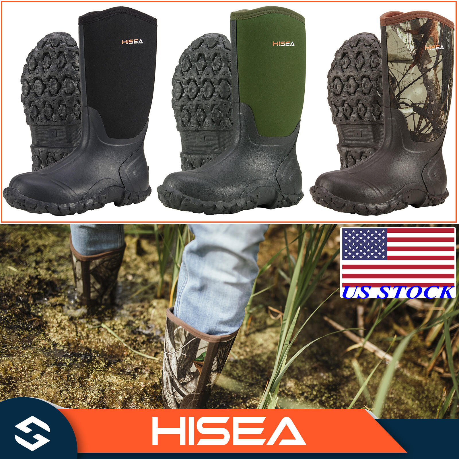 HISEA Men Mid-Calf Rain Boots Waterproof Insulated Snow Hunting Garden Mud Boots