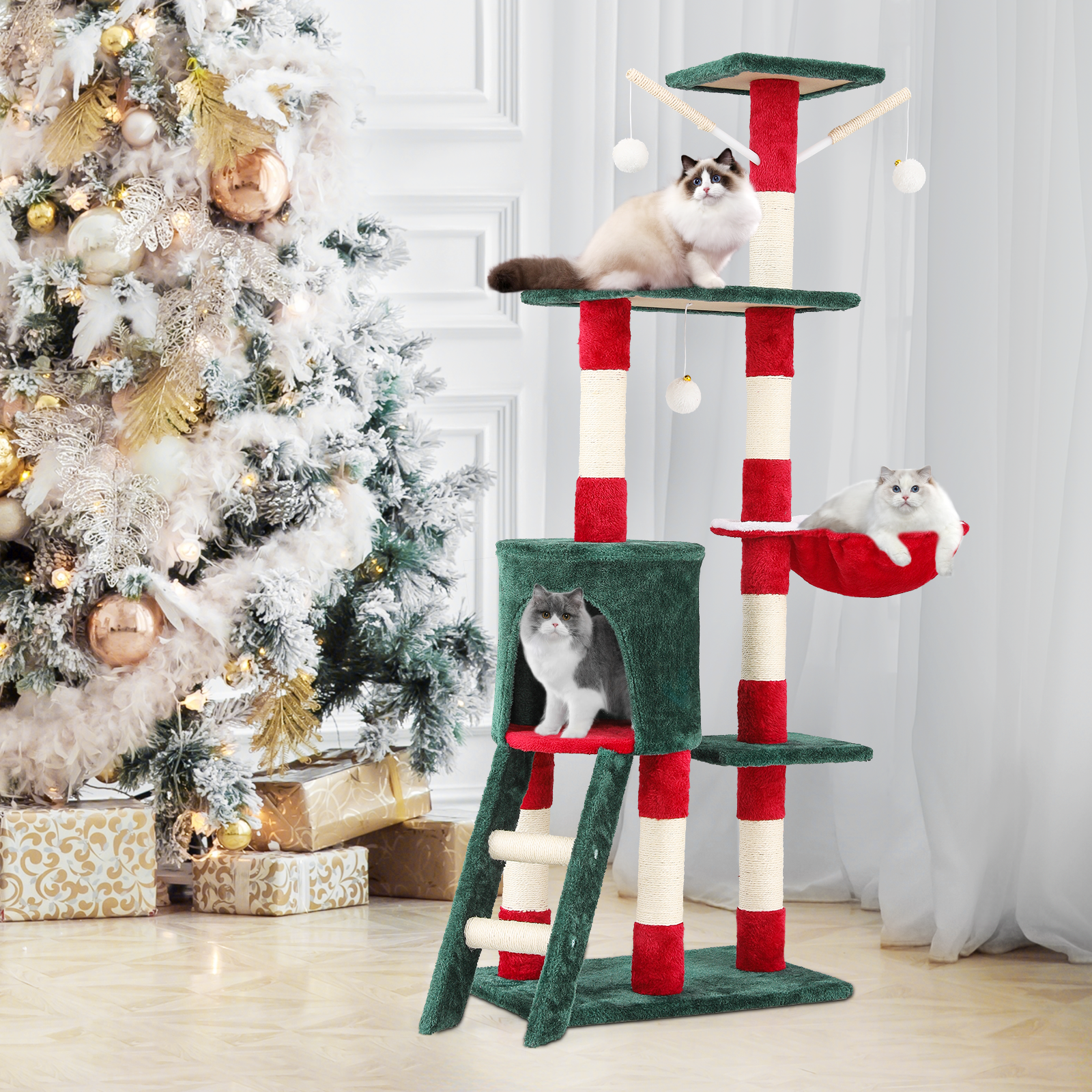 55 Inch Indoor Christmas Cat Tree Cat Tower Cat Crawl Cat Nest Party Xmas Décor