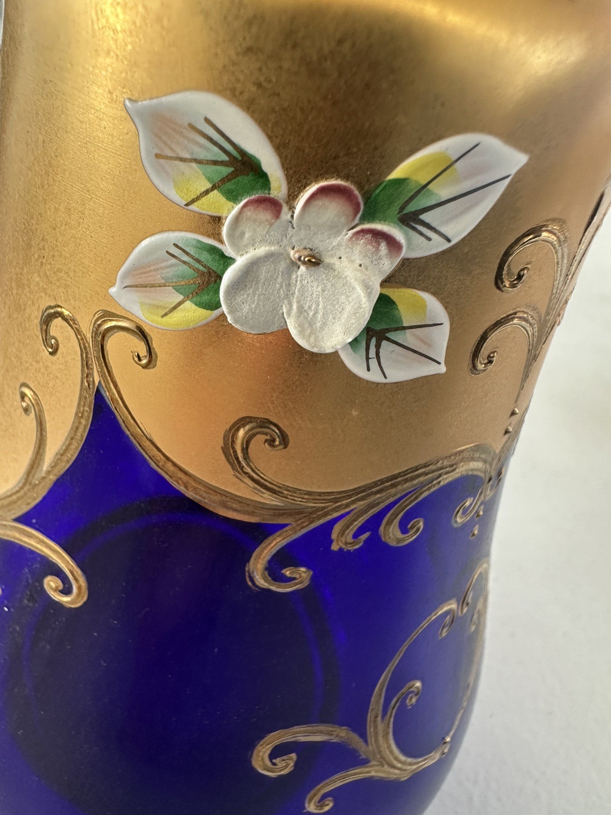 Antique Bohemian Moser Cobalt Blue Enamel Flowers Decanter & 6 Glasses Set