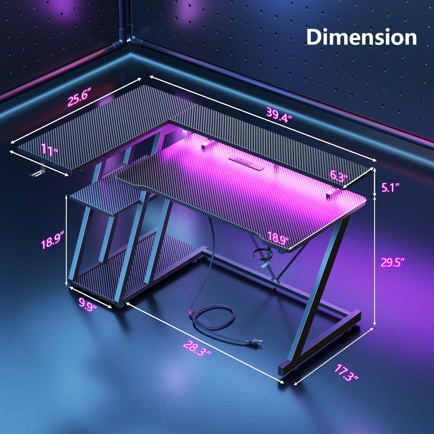 40 Inch Gaming Desk with Power Outlet & LED Lights, L Shaped Computer Gaming