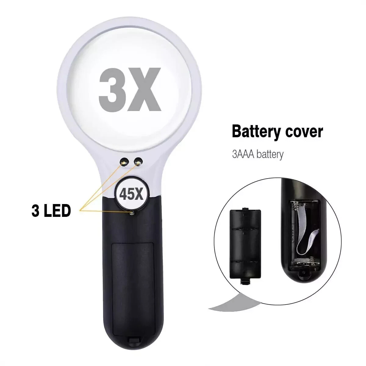 50X Magnifying Glass Handheld Magnifier 3 LED Light Reading Lens Jewelry Loupe