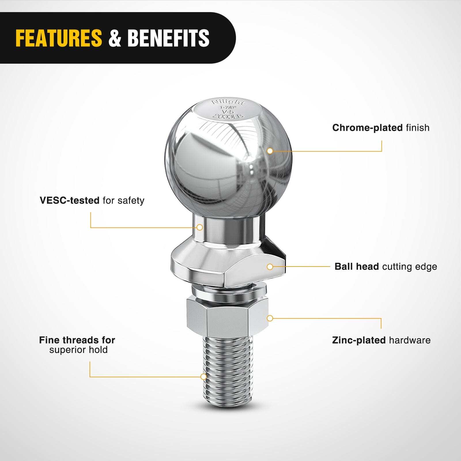 Nilight 1-7/8-Inch Diameter Chrome Trailer Hitch Ball 1 x 1-5/8-Inch