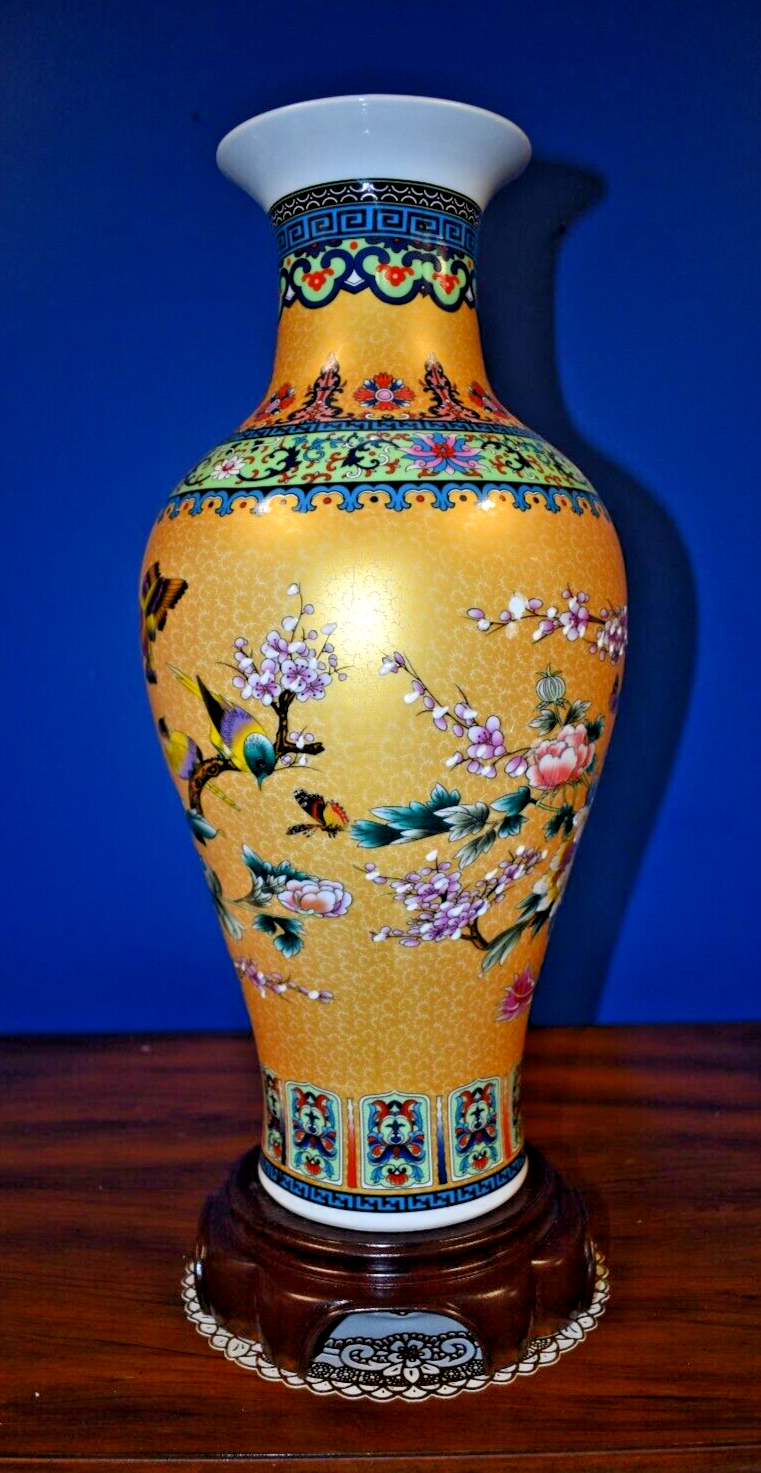 18" GOLDEN PHOENIX BIRD CHINESE JINGDEZHEN PORCELAIN VASE W/STAND