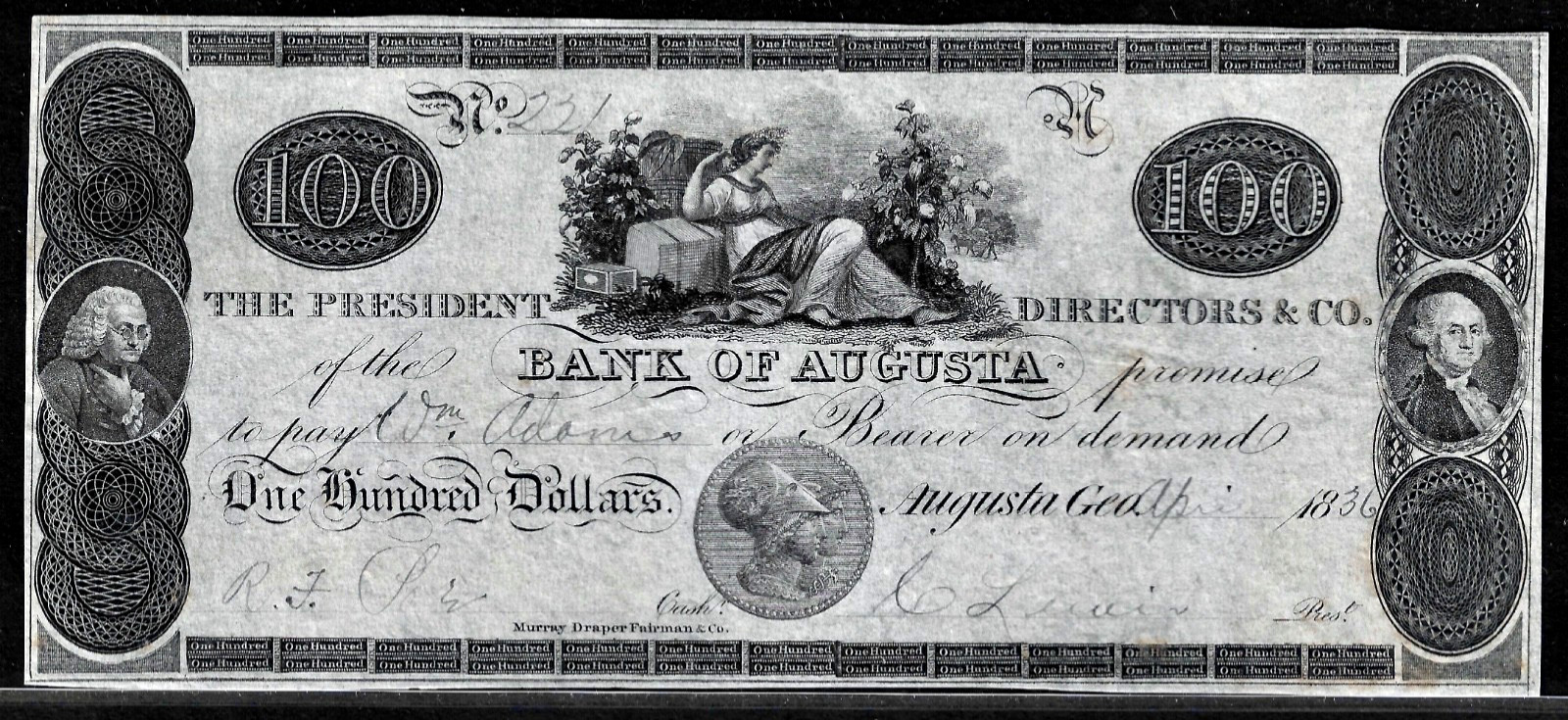 April 1836 Georgia Bank Of Augusta GA $100 Dollar Obsolete Banknote #221 UNC