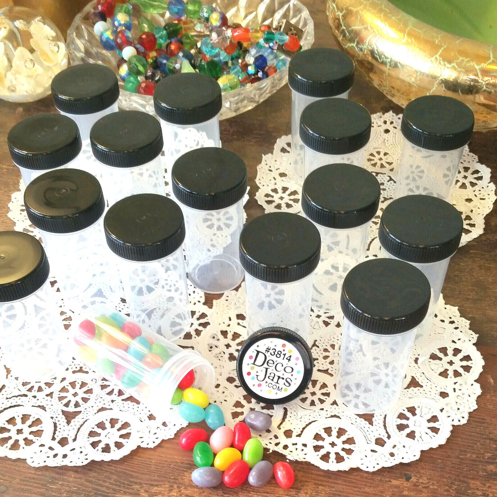 10 Clear Plastic Pill Bottles JARS Screw on Black Caps Container 3814  DecoJars