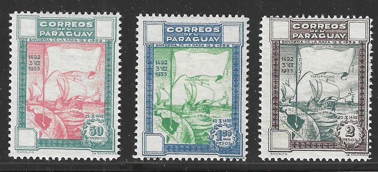 Paraguay, 1933, Scott #332, 334, 335, each with Maltese Crosses Omitted Error