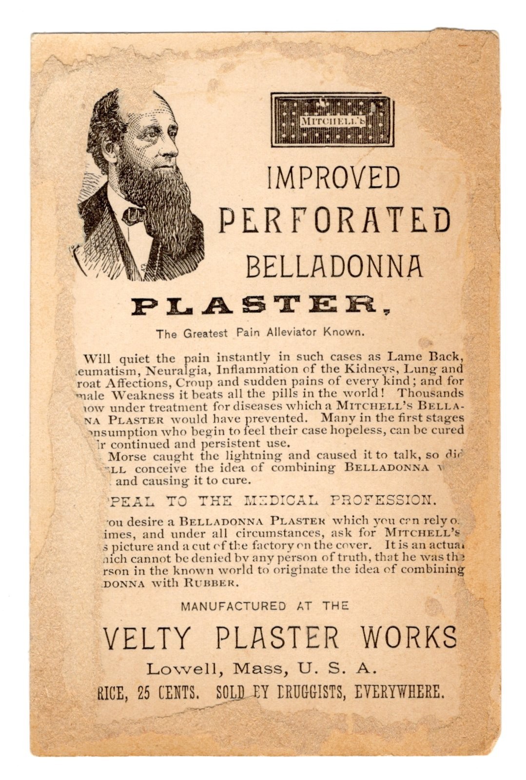 1880-90s - Mitchell's Belladonna Plasters Novelty Plaster Works Lowell MA - XL2T
