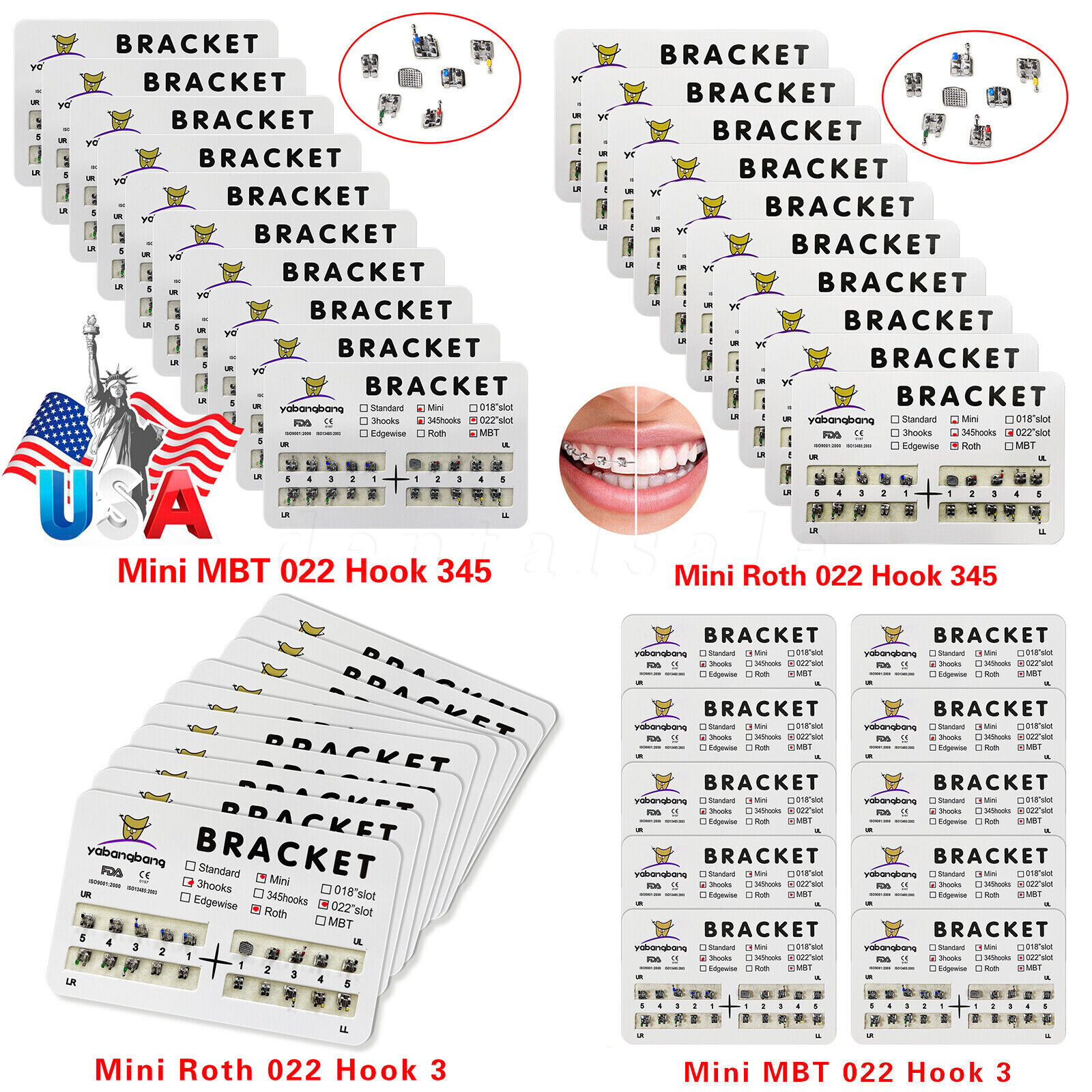 200pcs Dental Orthodontic Bracket Braces Roth/MBT 022" Slot 3/345 hooks Metal US