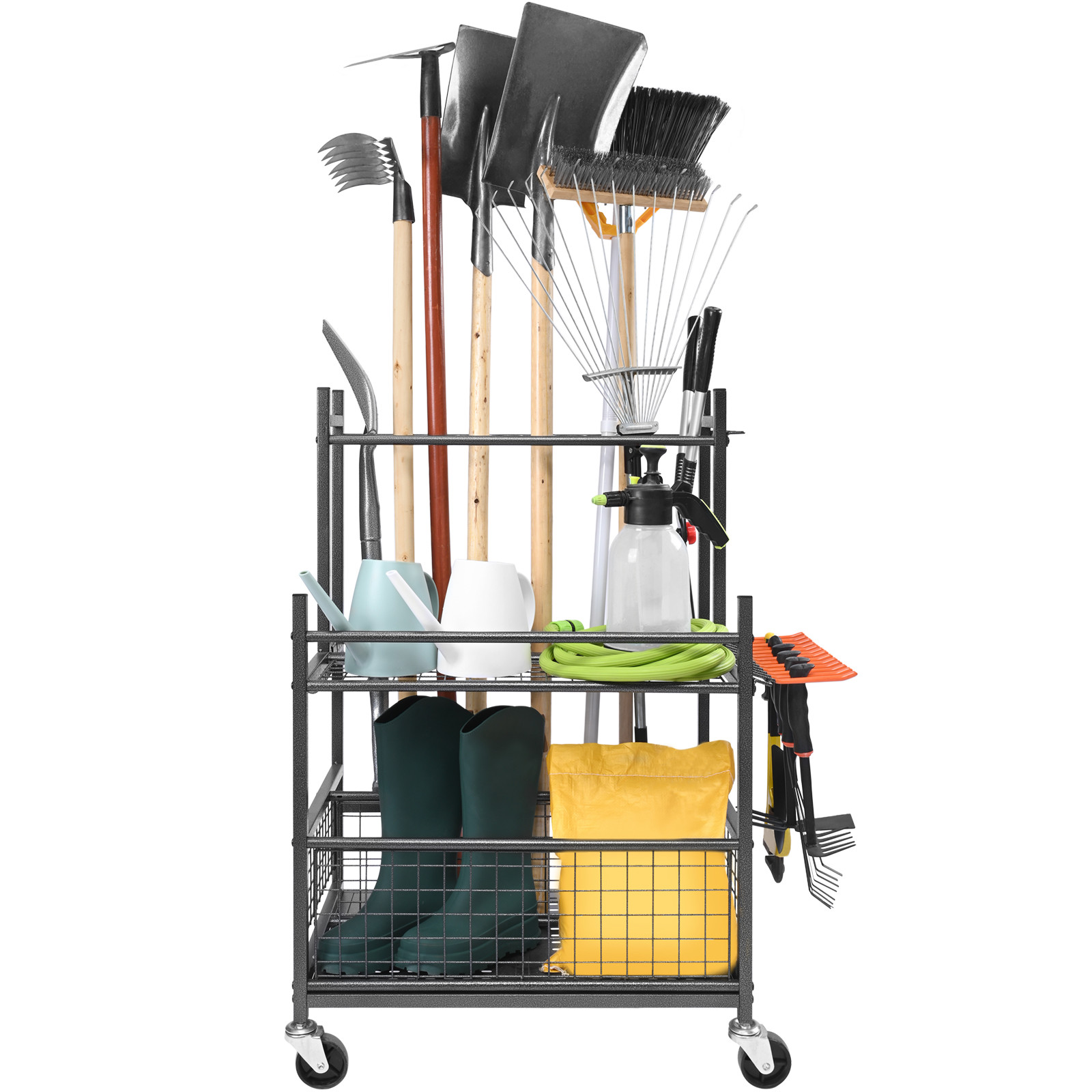 VEVOR Garden Tool Storage Rack with Wheels Garage Organizer 16 Slots with Hooks