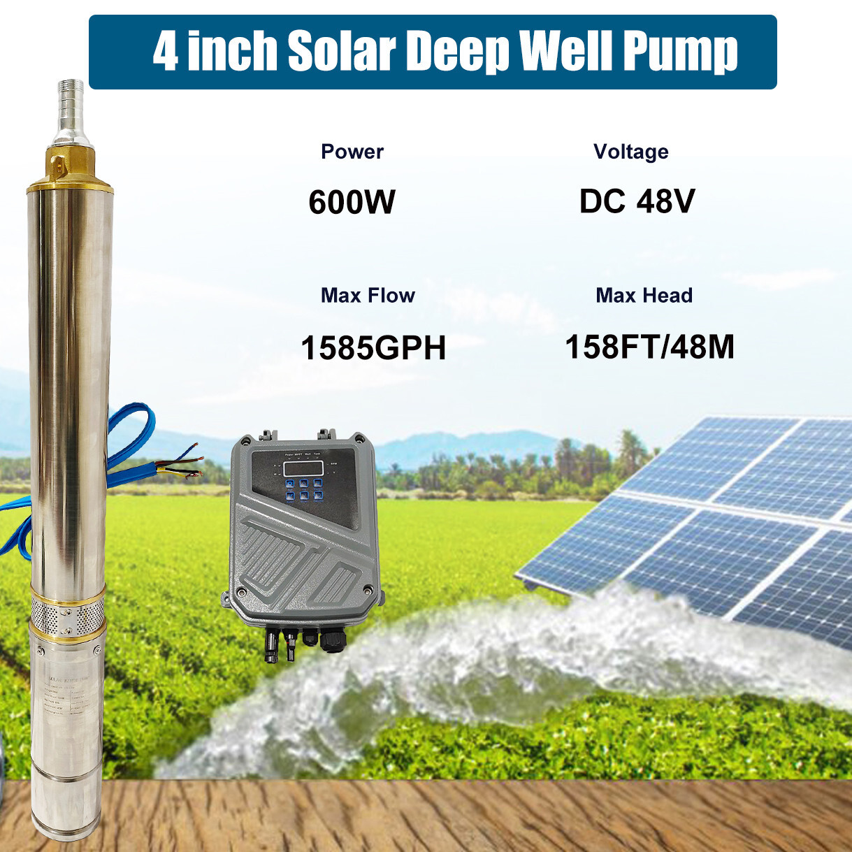 600W DC 48V 4in Solar Pump Submersible Pump Bore Deep Well Pump+MPPT Controller