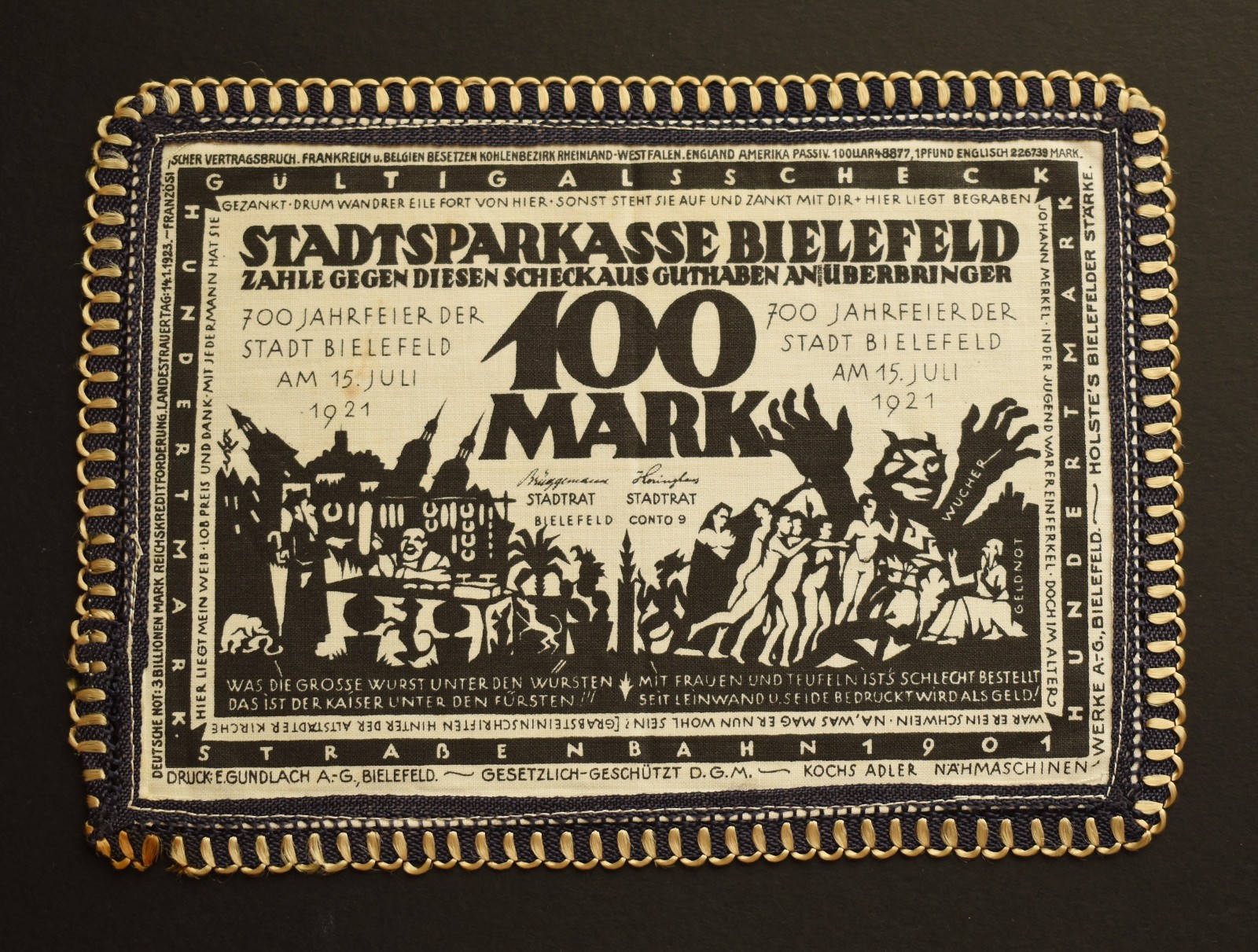 GERMANY NOTGELD Bielefeld 100 Mark 1921 War Emergency cloth textile Money Linen