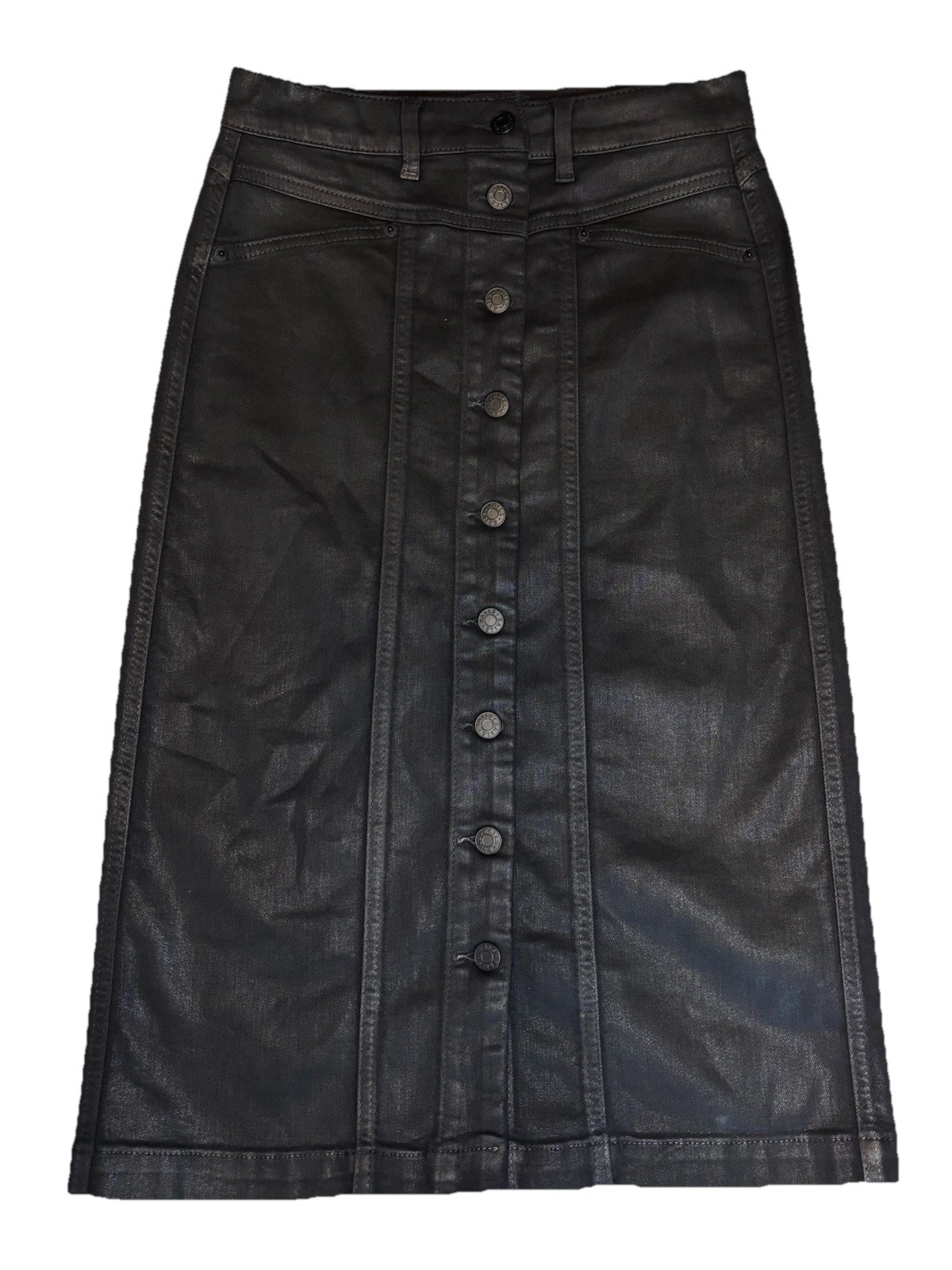 Rails Coated Denim Button Front Midi Skirt Black Leather Look High Waist Size 26