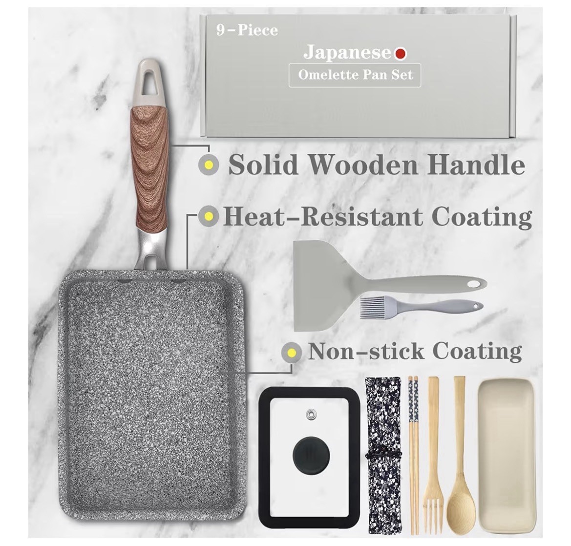 9Pcs Tamagoyaki Pan Set, Japanese Omelette Pan Nonstick with Lid, Square Japanes