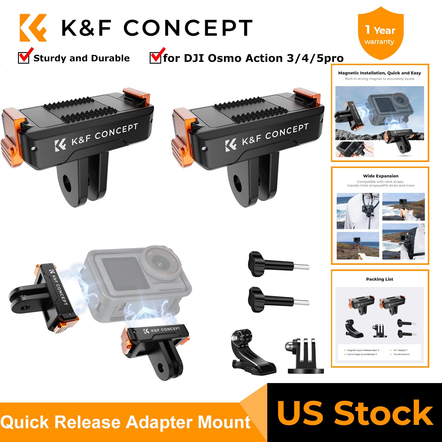 K&F CONCEPT 2x Magnetic Quick Release Adapter Mount fr DJI Osmo Action 5 Pro 4 3