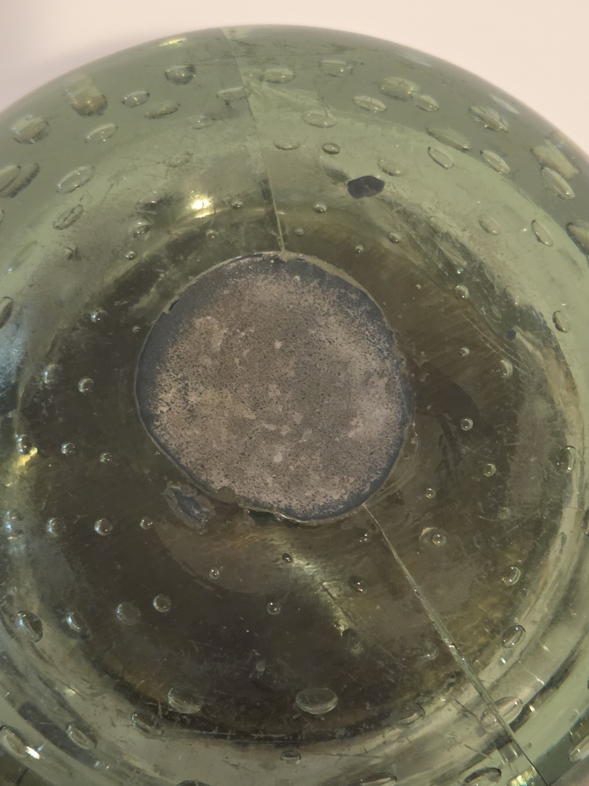 Glass Ink Well hand Blown Controlled Bubbles Brass Antique Green