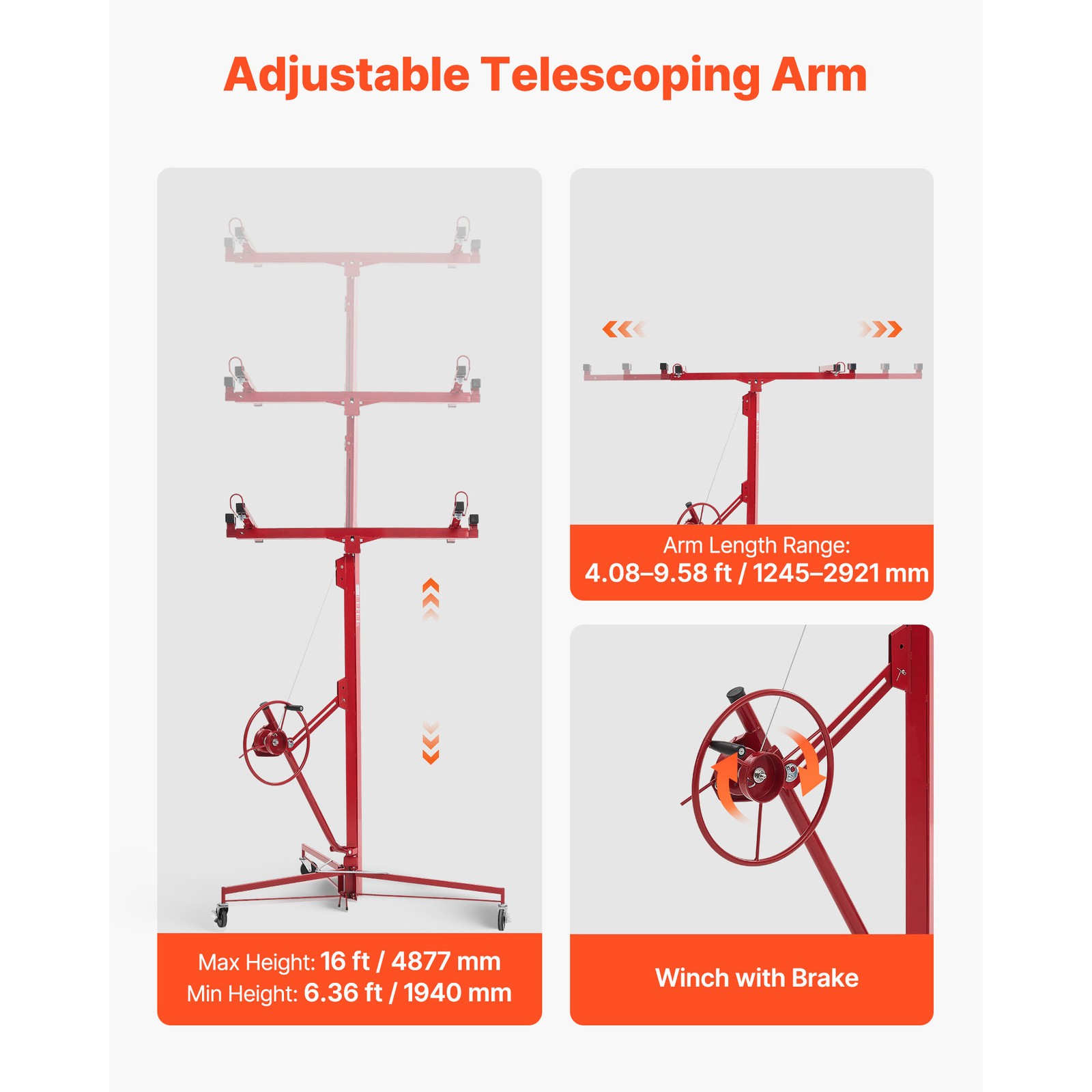 Uimoso 16ft Drywall Hoist, 150 lbs Capacity Adjustable Arm, Lockable Wheels, Red