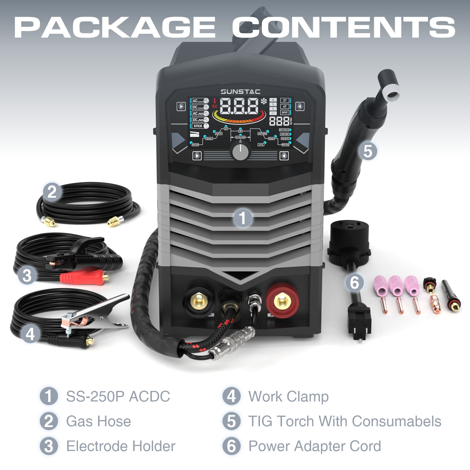 250A AC/DC Aluminum TIG Welder with Pulse DC TIG/AC TIG/Pulse TIG/SPOT TIG/Stick