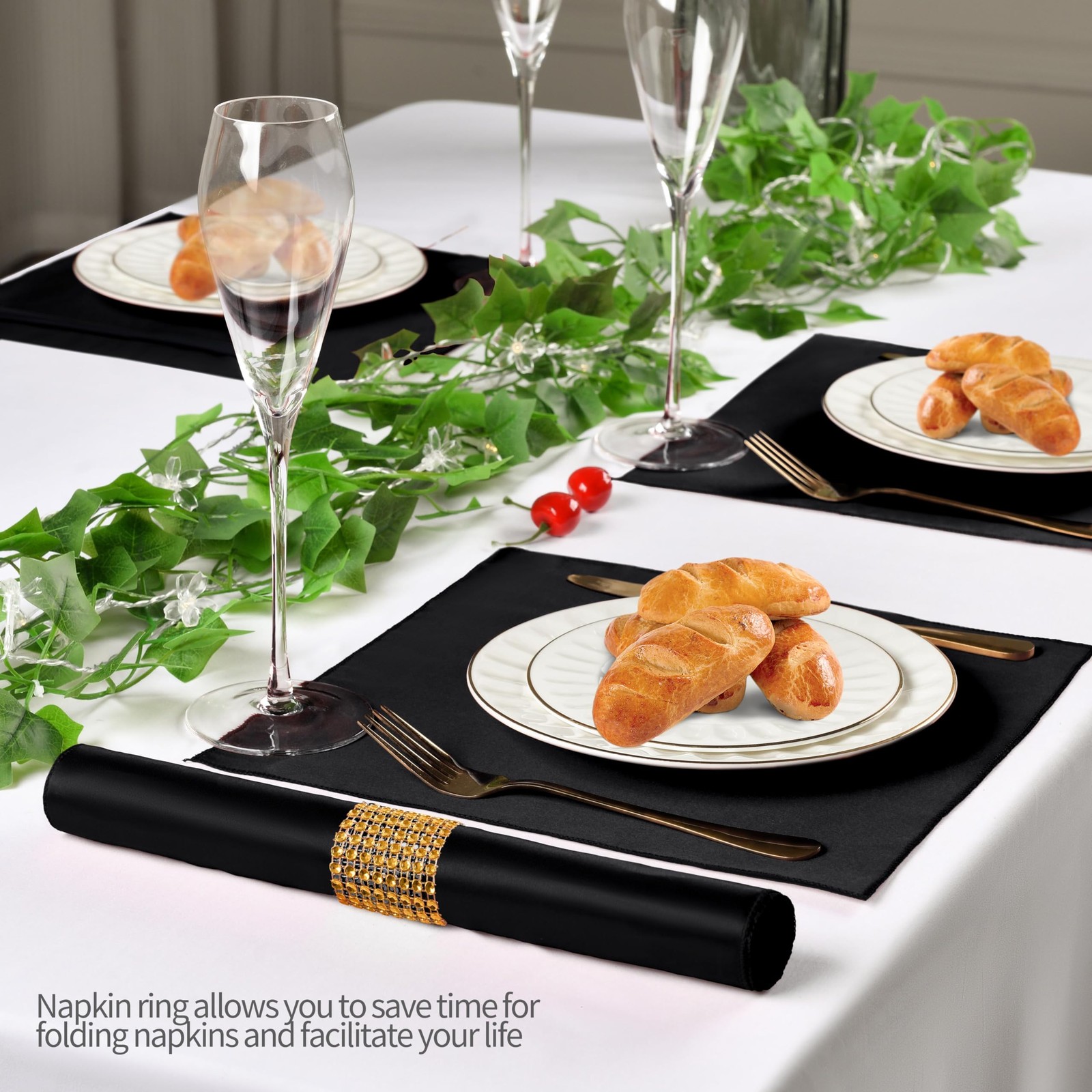 100 Pack Black Satin Napkins and Napkin Rings Set, 12 x 12 Inch Silky Soft Cl...