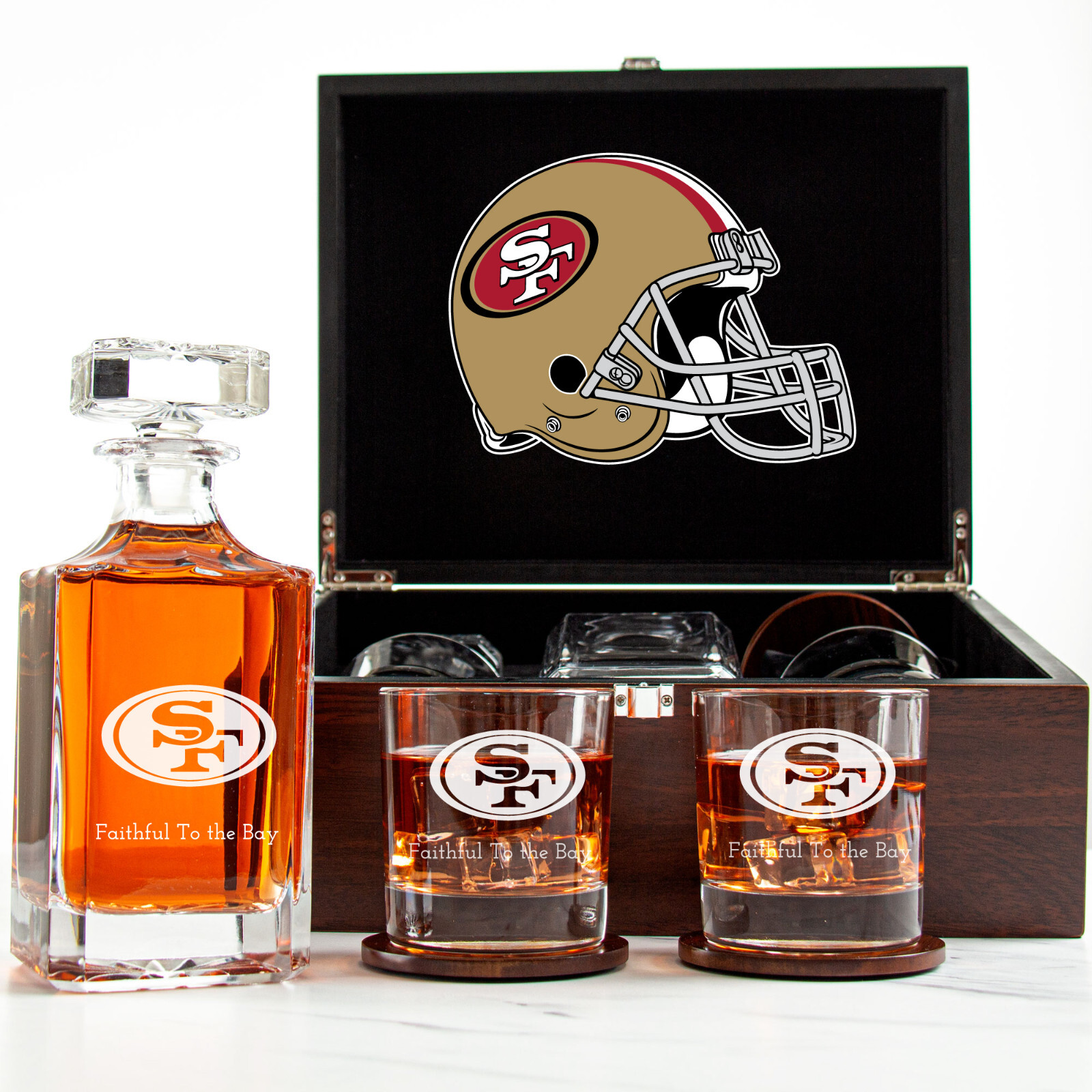 San Francisco 49ers - Engraved Football Whiskey Decanter 2 Glasses In Wood Box