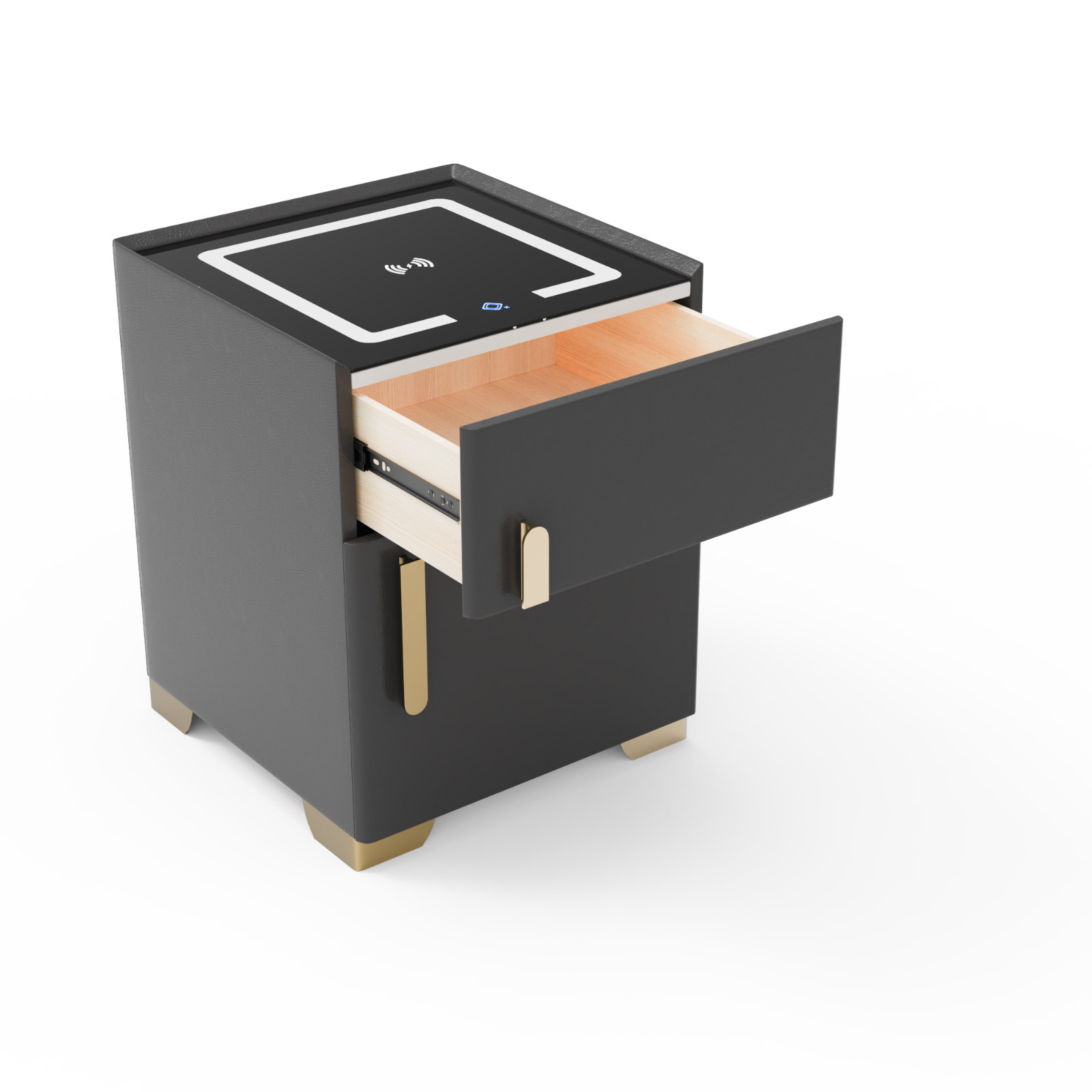 Deep Grey Smart Nightstand w/Security Safe Lock Box, 3-Color,Wireless Charging