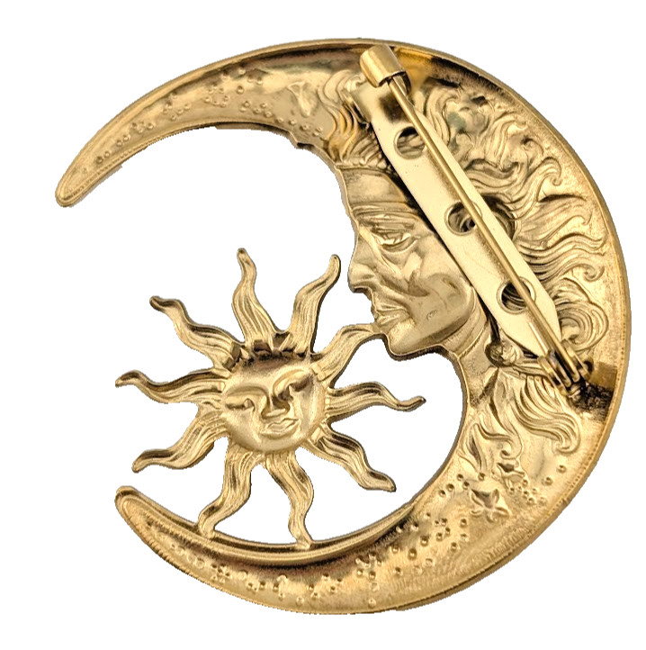 CELESTIAL SUN MOON BROOCH face 90s retroshiny stamped goldtone pin L4