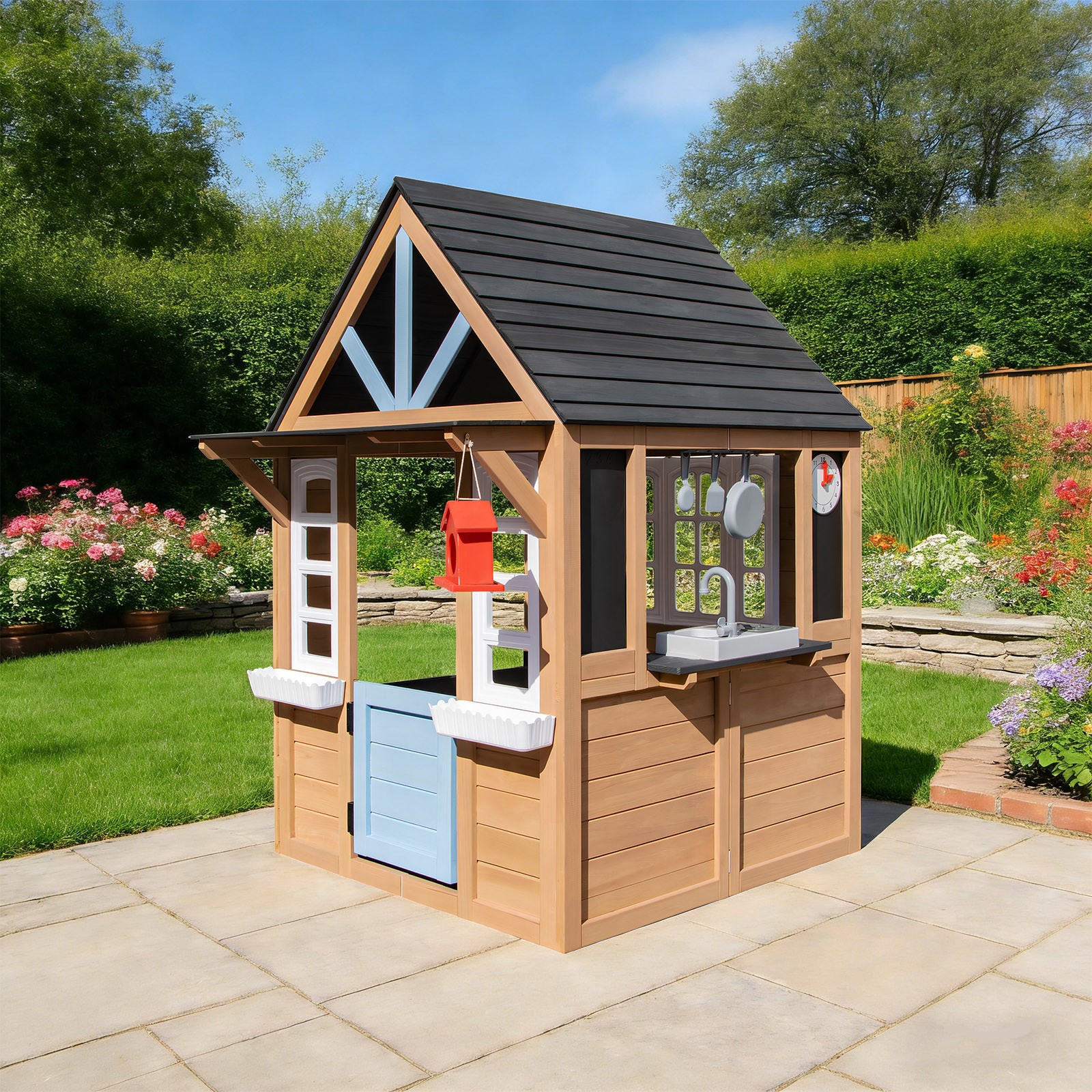 Kids Wooden Playhouse with Bench,Play Kitchen,Chalkboard,Flowerpot,Birdcage