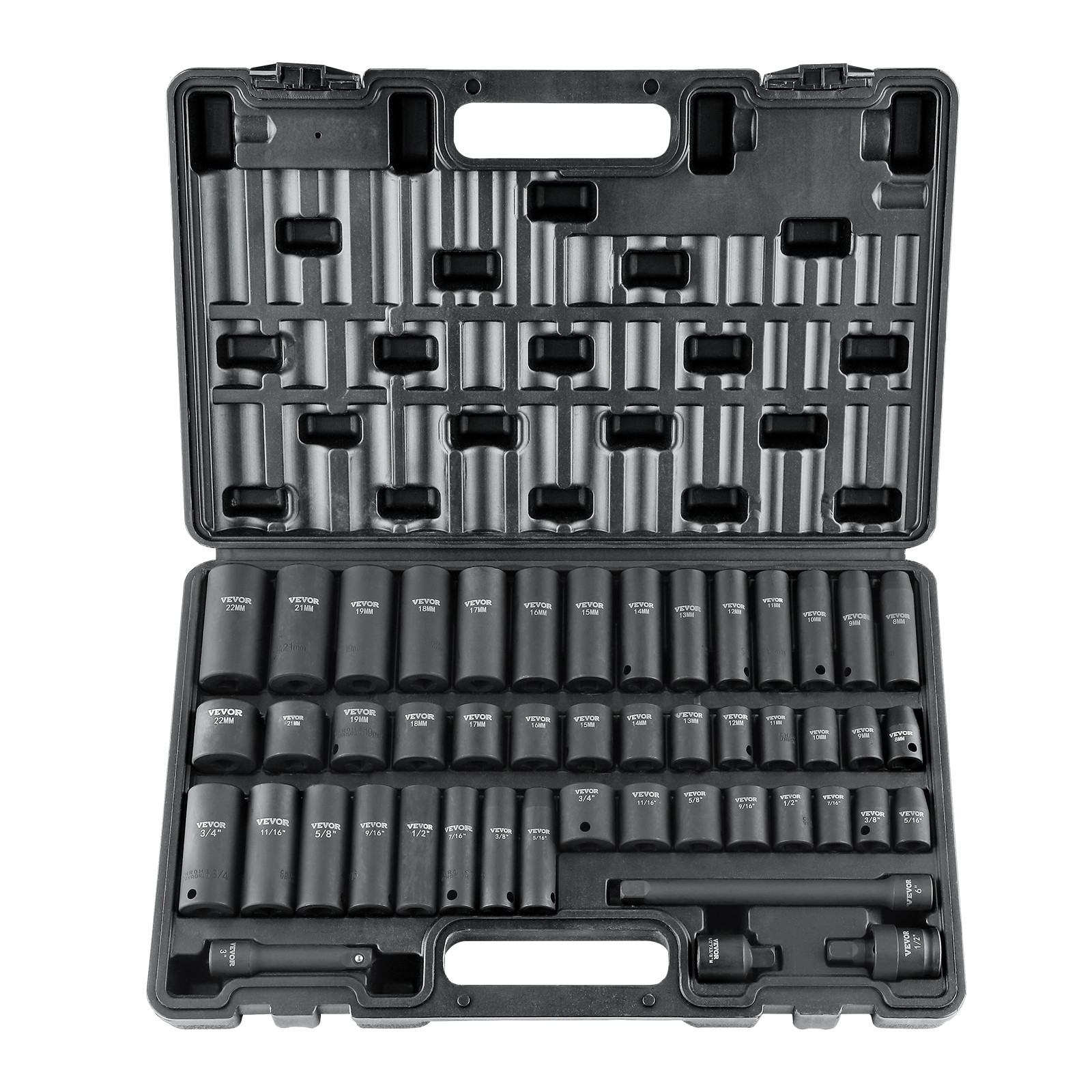 VEVOR Impact Sockets Set 48pcs 6-Point 3/8in Drive Bit Ratchet Tool Kit Case