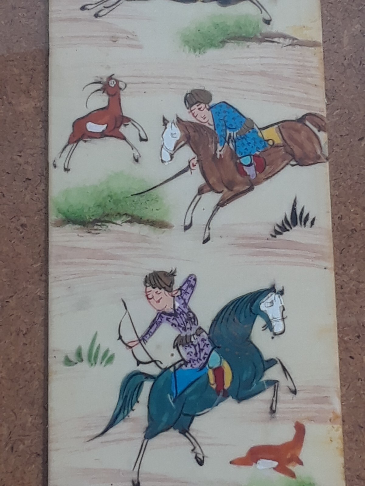 Chinese Scroll Warrior Horses Enamel and Wood Frame 19 3/8 x 5.5