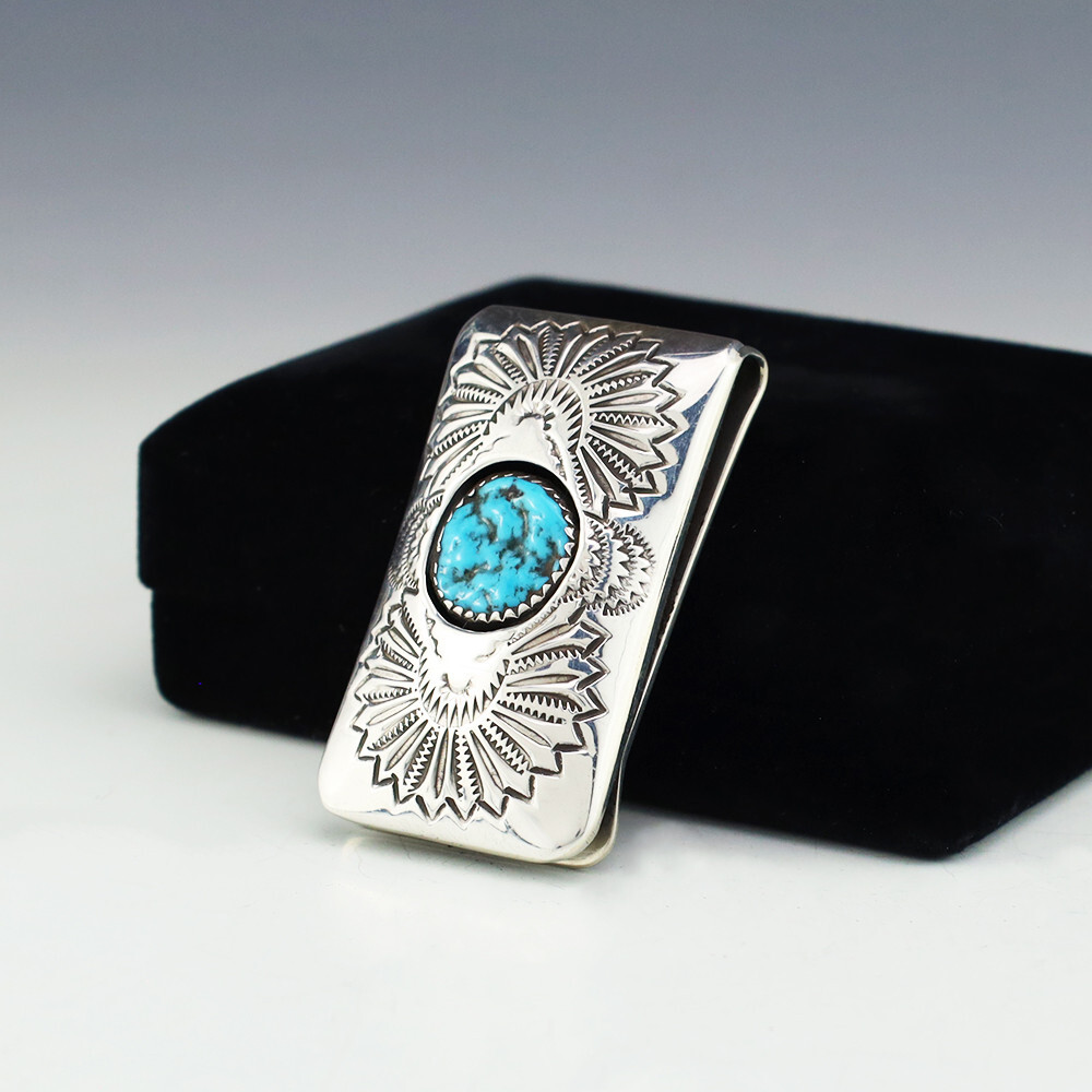 NATIVE AMERICAN NAVAJO STERLING SILVER & TURQUOISE MONEY CLIP BY SHIRLEY SKEETS