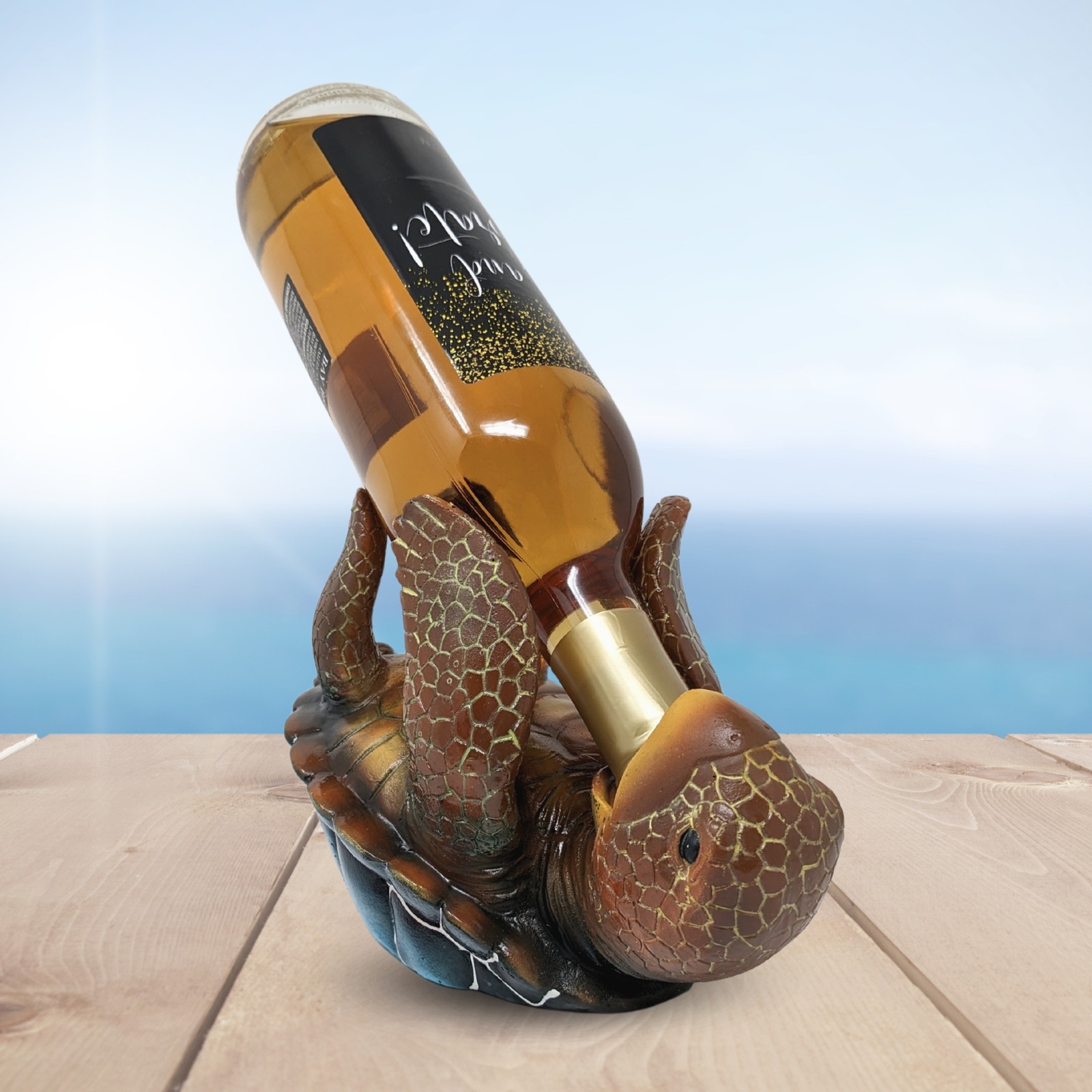 Sea Turtle Wine Bottle Holder – Coastal Resin Display for Beach or Ocean Décor