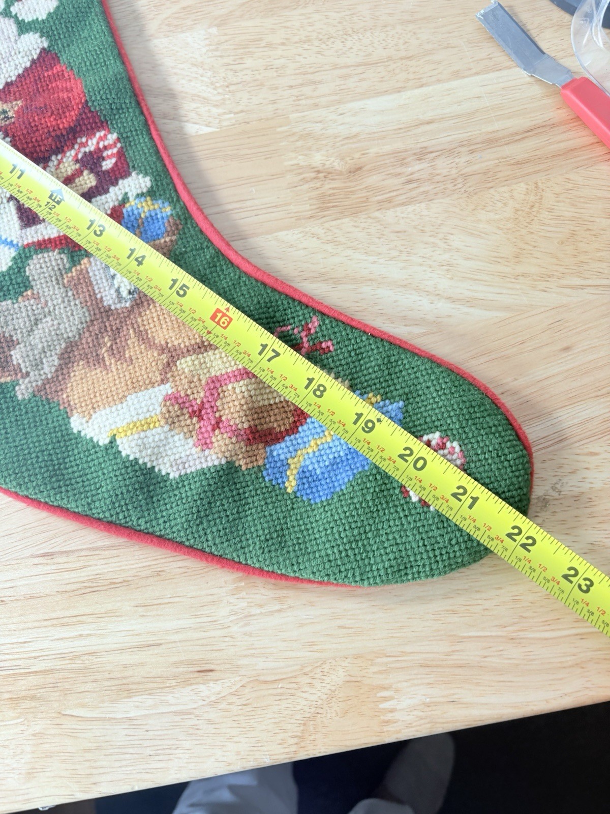 VTG Wool Needlepoint Christmas Stocking Santa Squirrel Bear Presents Felt 22”