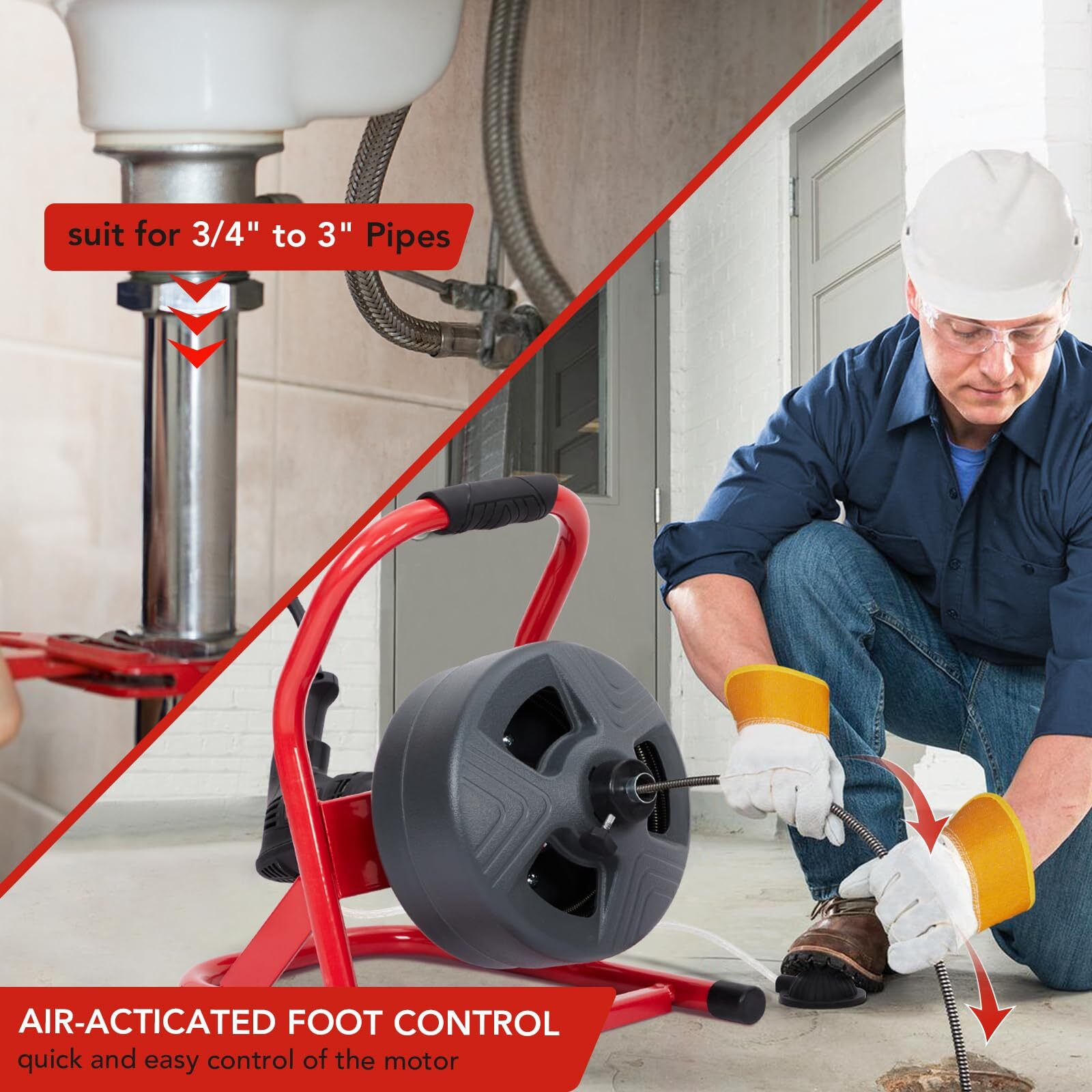 50FT 5/16" Drain Cleaner Electric Sewer Snake Cleaning Machine W/ Cutters&Gloves