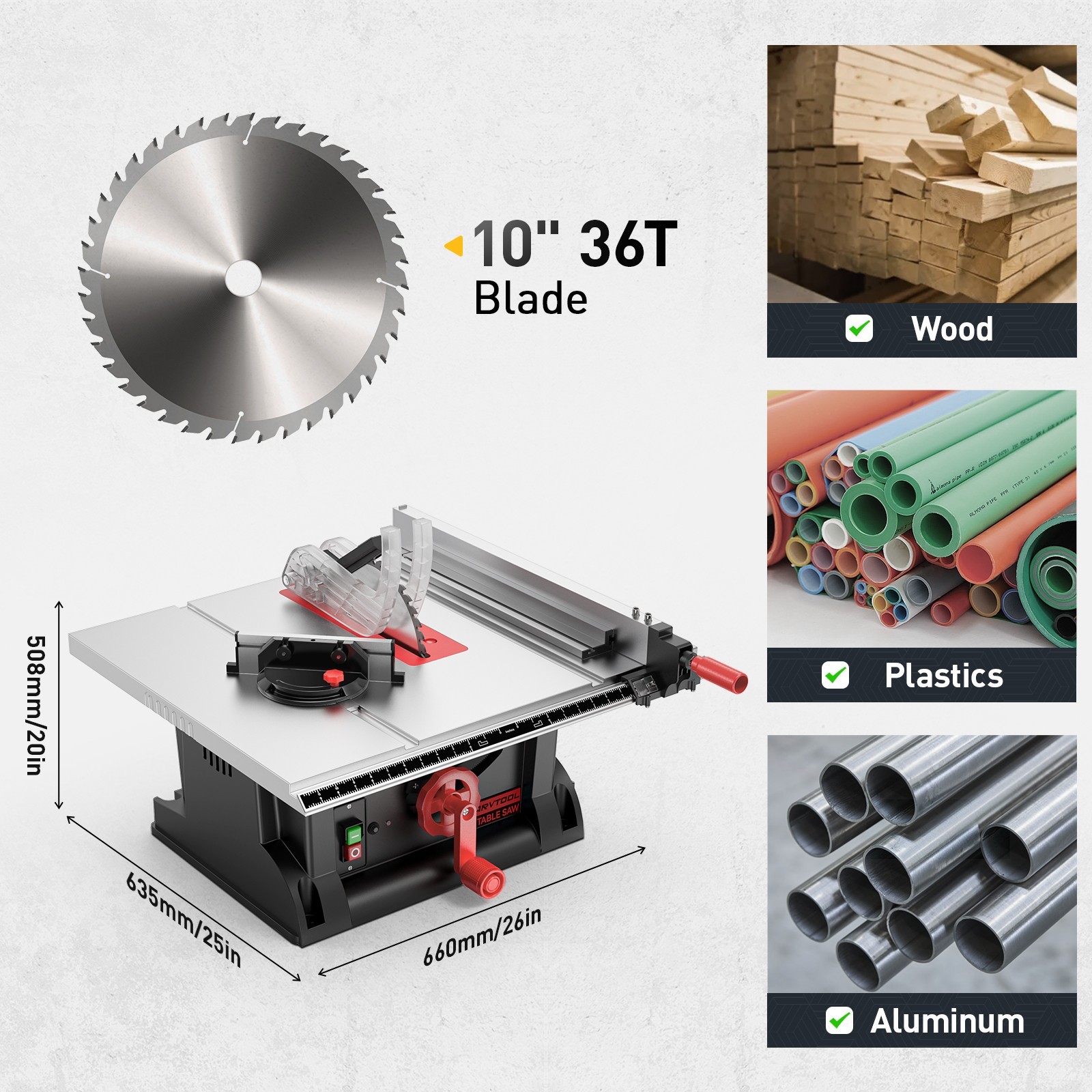 MarvTool 10 inch 15Amp Table Saw 45&90 Degree Cutting Range Lightweight Portable