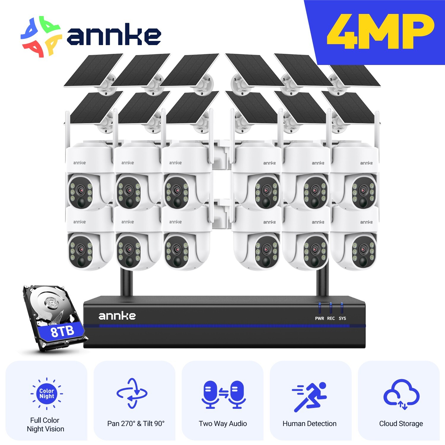 ANNKE 16CH NVR Wireless 4MP PT Security System PIR Solar Two Way Audio Color AI